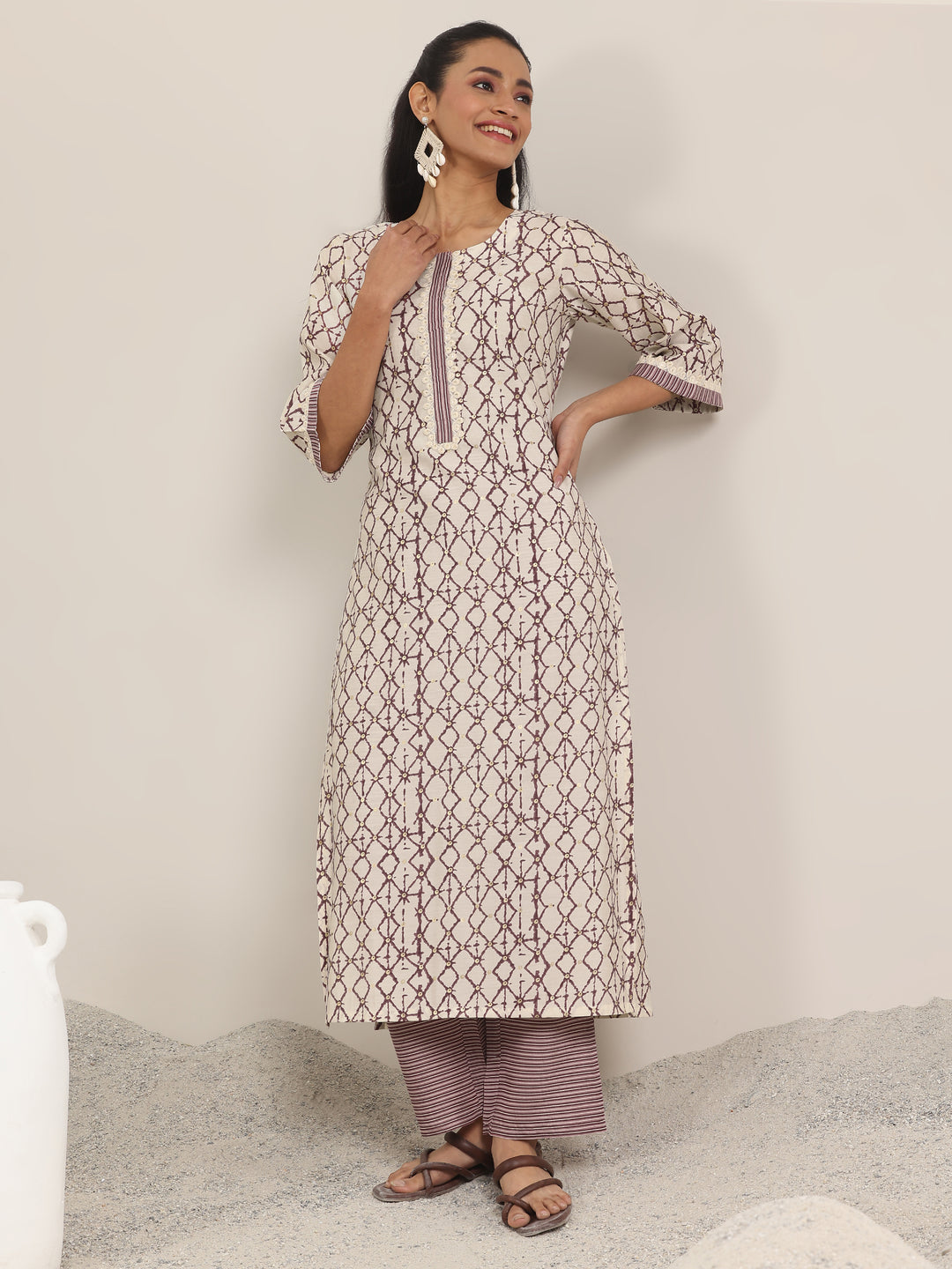 Off White Printed Silk Blend Straight Kurta Set