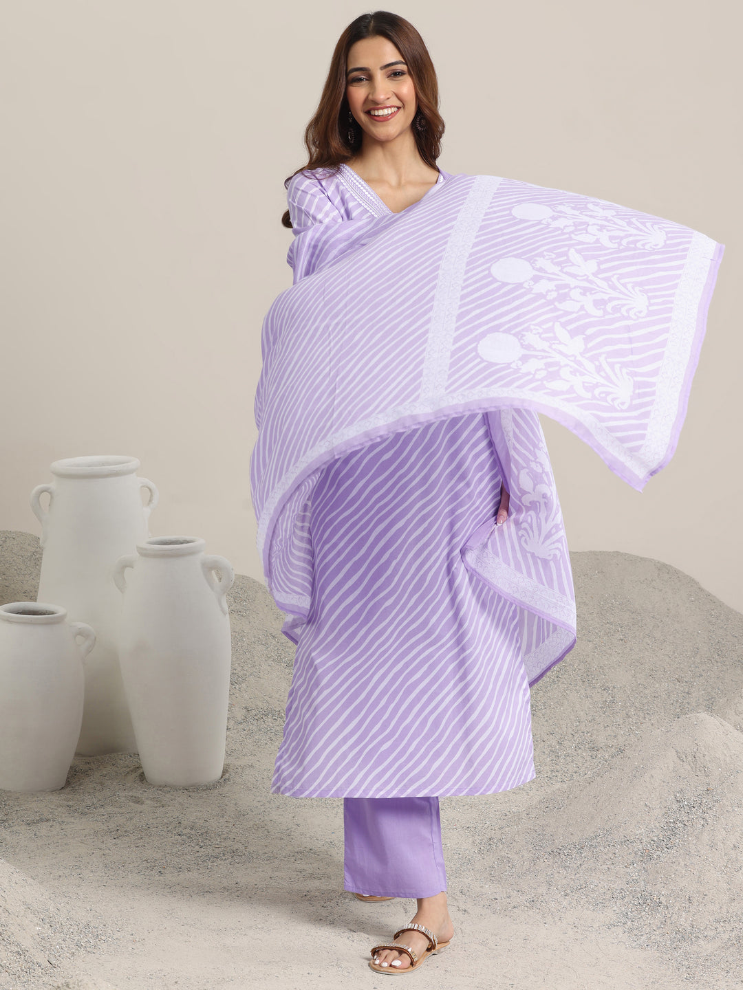 Lavender Printed Cotton Straight  Suits With Dupatta