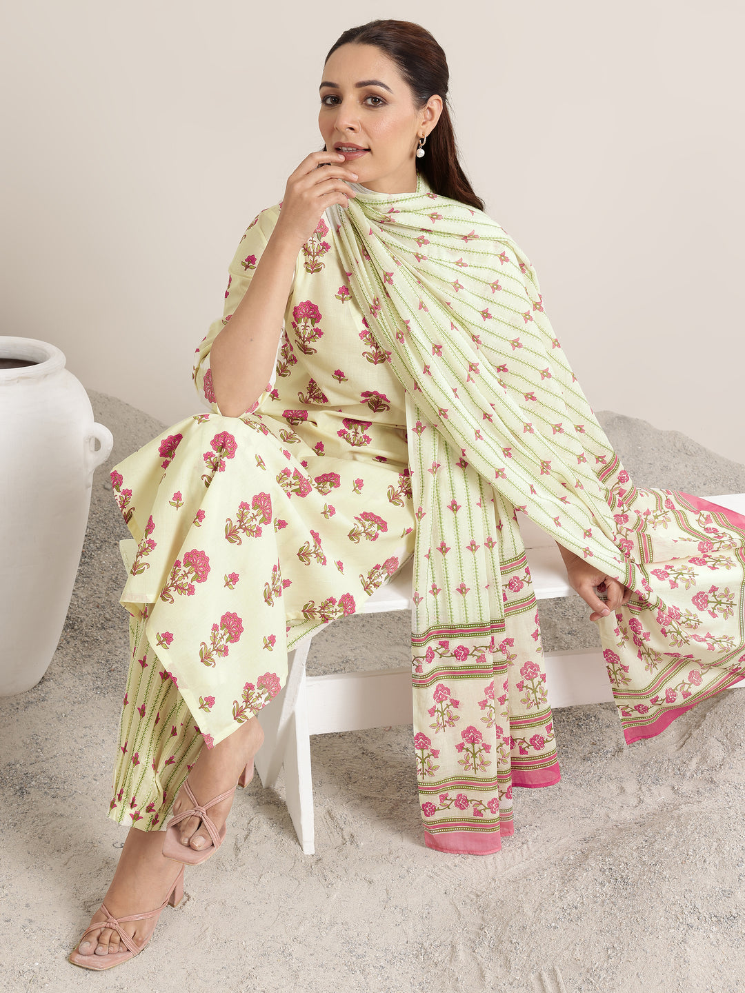 Off White Printed Cotton Straight Suit Set With Dupatta