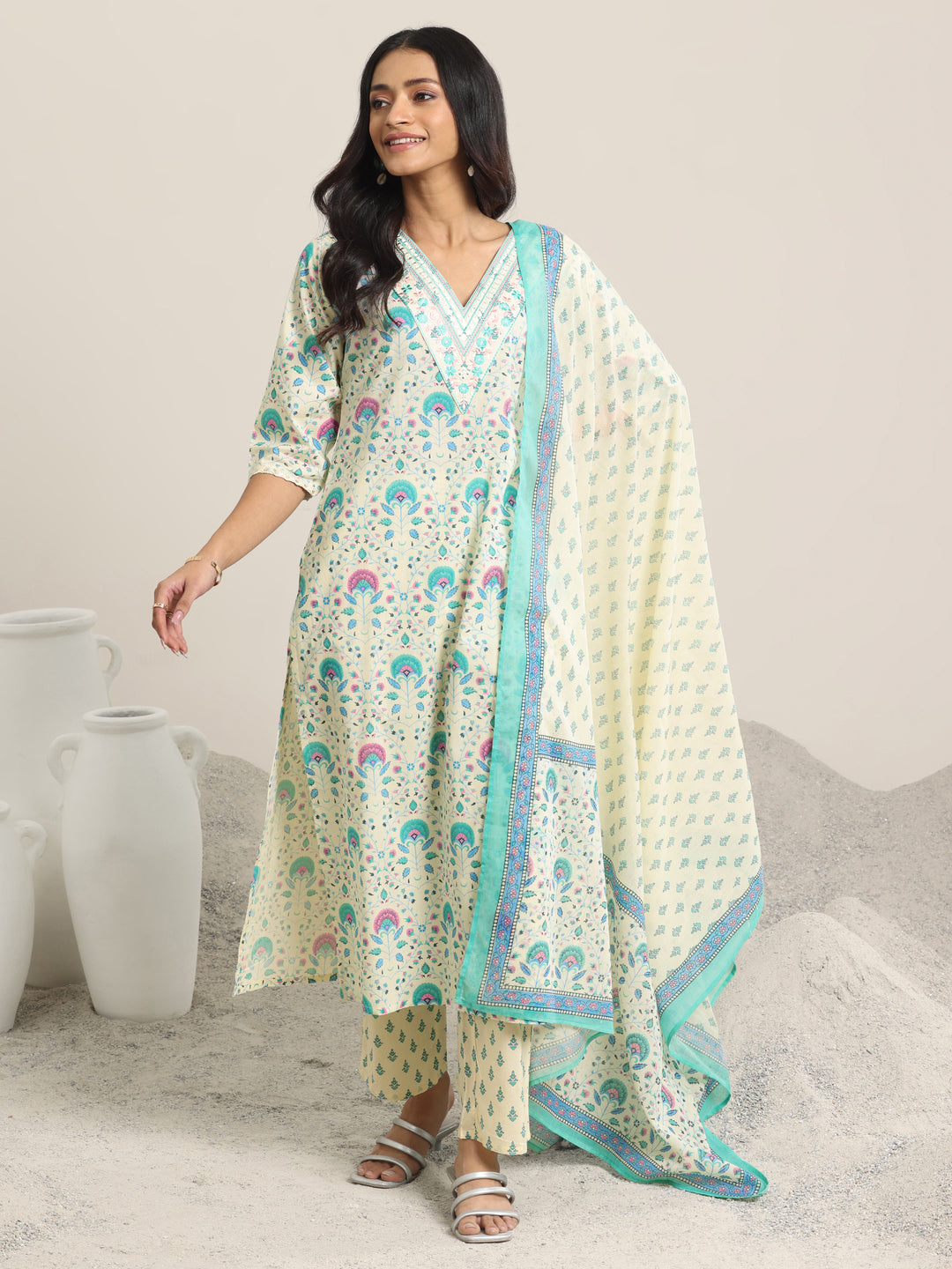 Off White Printed Cotton Straight  Suits With Dupatta