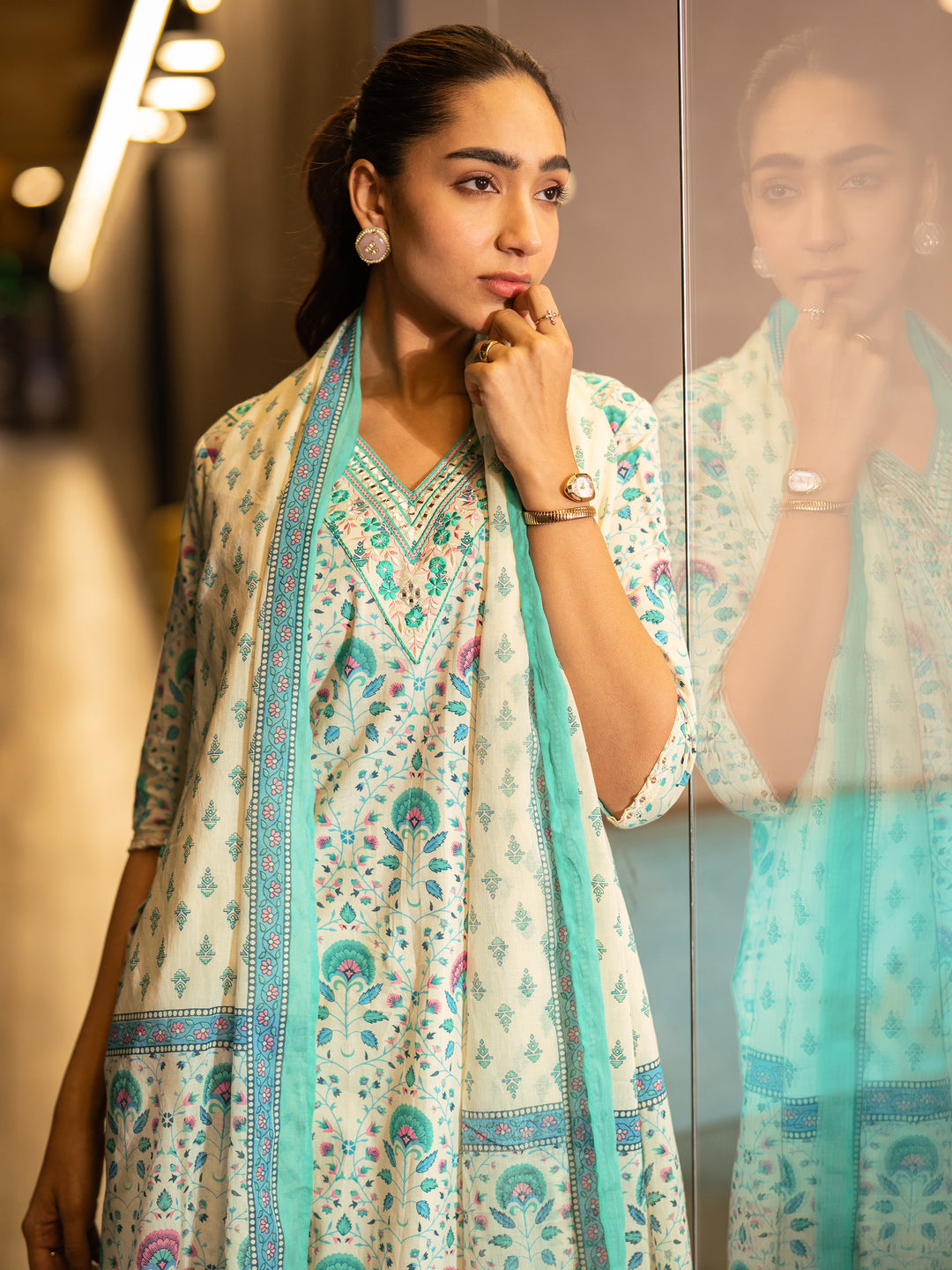 Off White Printed Cotton Straight  Suits With Dupatta