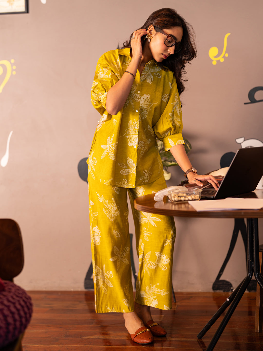 Mustard Printed Silk Blend Co-Ord Sets