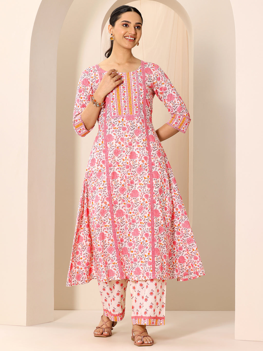 Peach Printed Pure Cotton A-Line Kurta Set