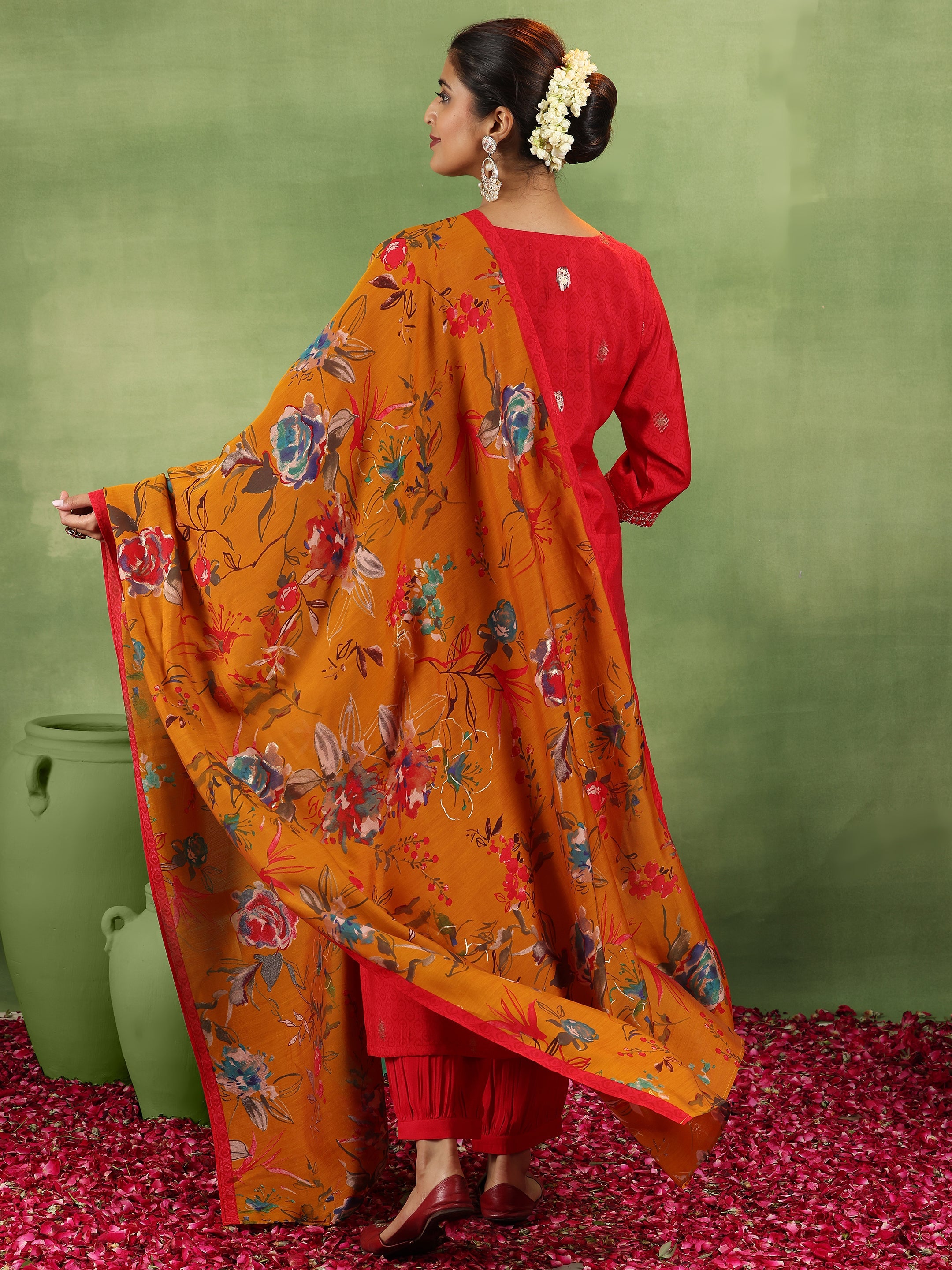 Red Printed Silk Blend Straight Suit With Dupatta