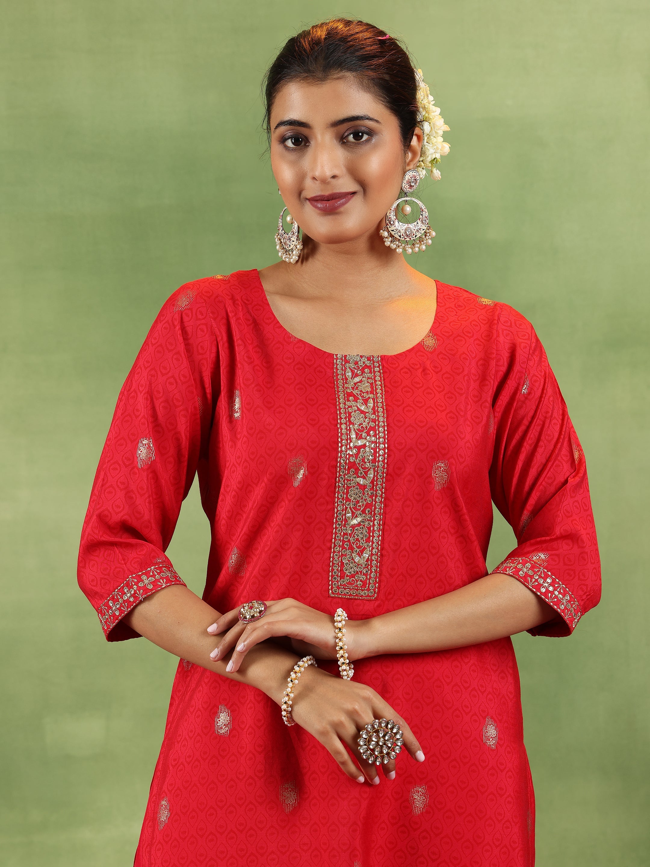 Red Printed Silk Blend Straight Suit With Dupatta