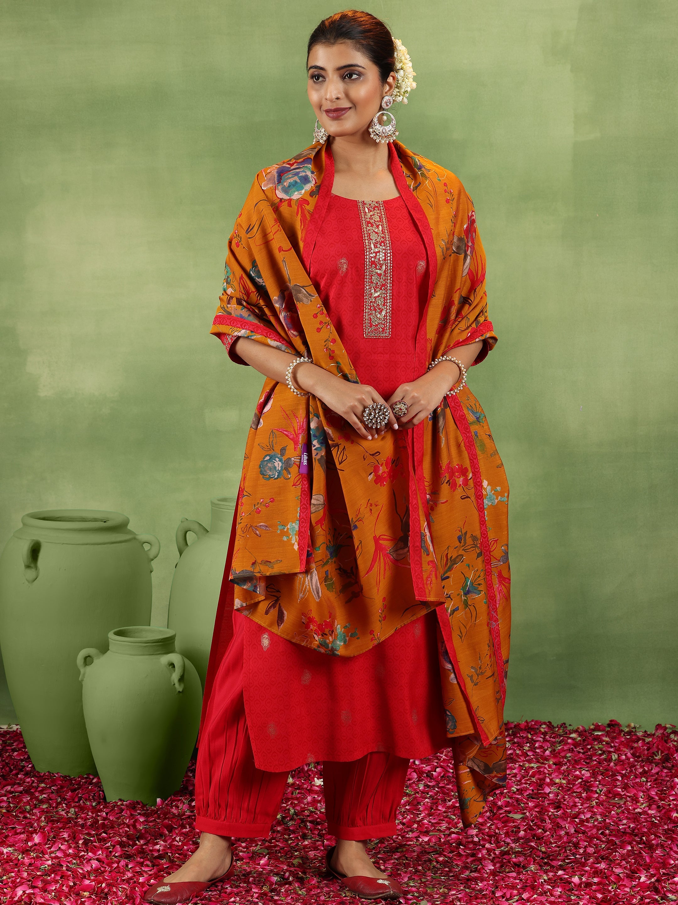 Red Printed Silk Blend Straight Suit With Dupatta