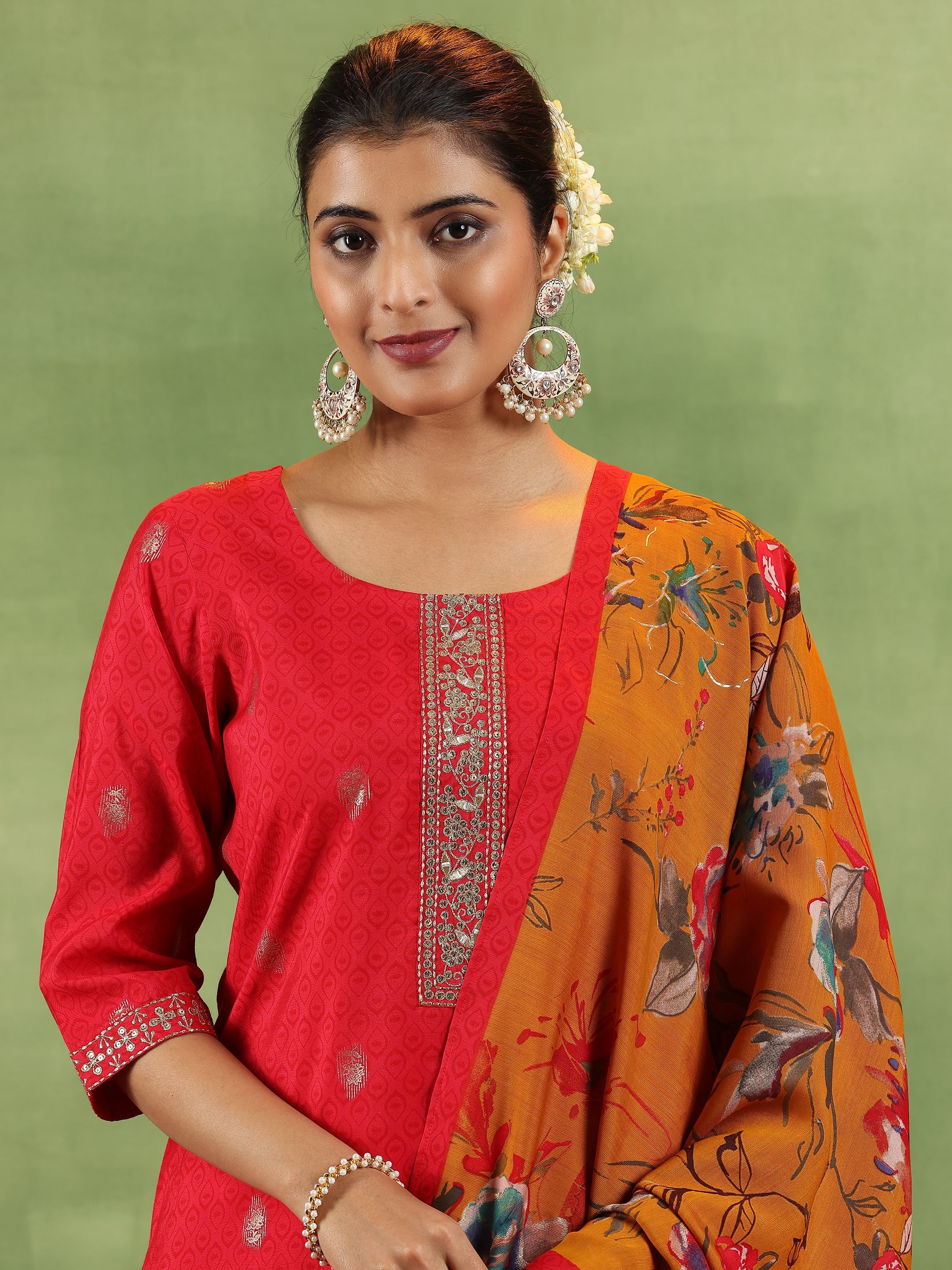 Red Printed Silk Blend Straight Suit With Dupatta