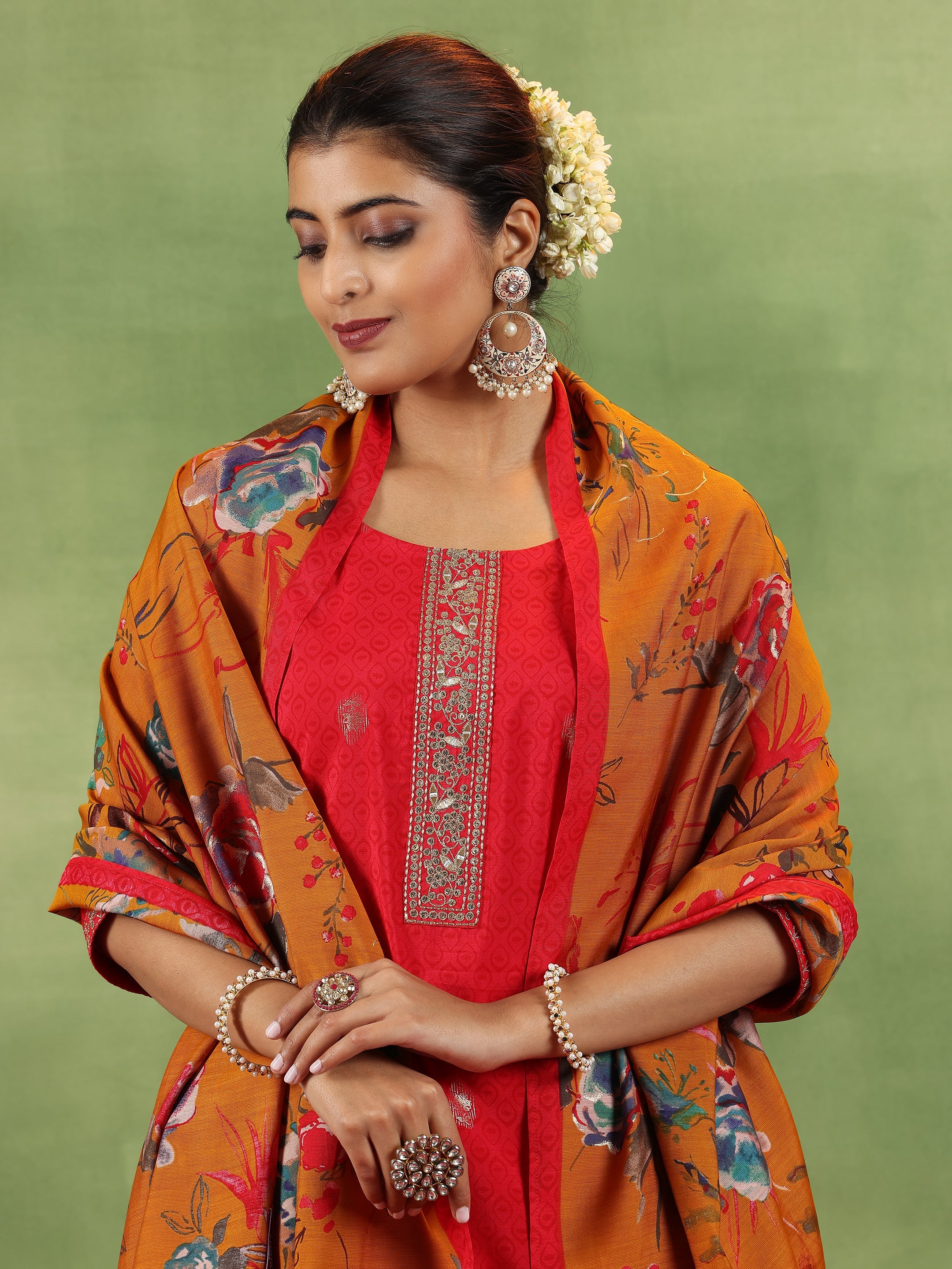 Red Printed Silk Blend Straight Suit With Dupatta