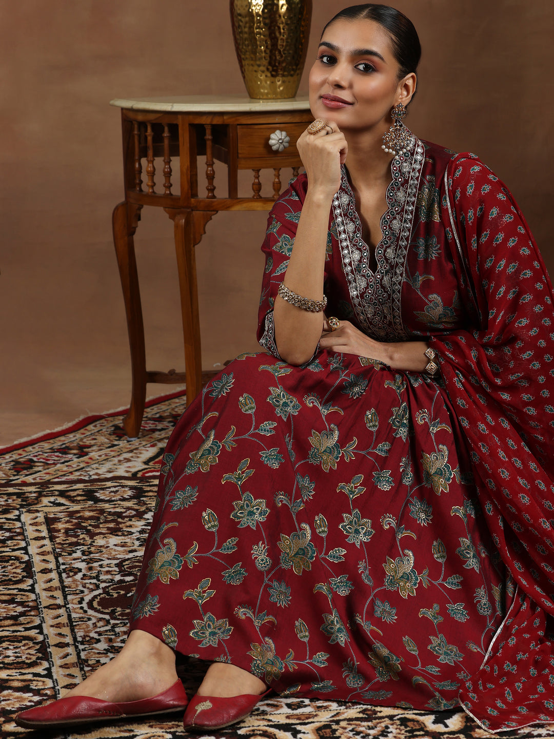 Maroon Printed Silk Blend A-Line Kurta With Trousers & Dupatta