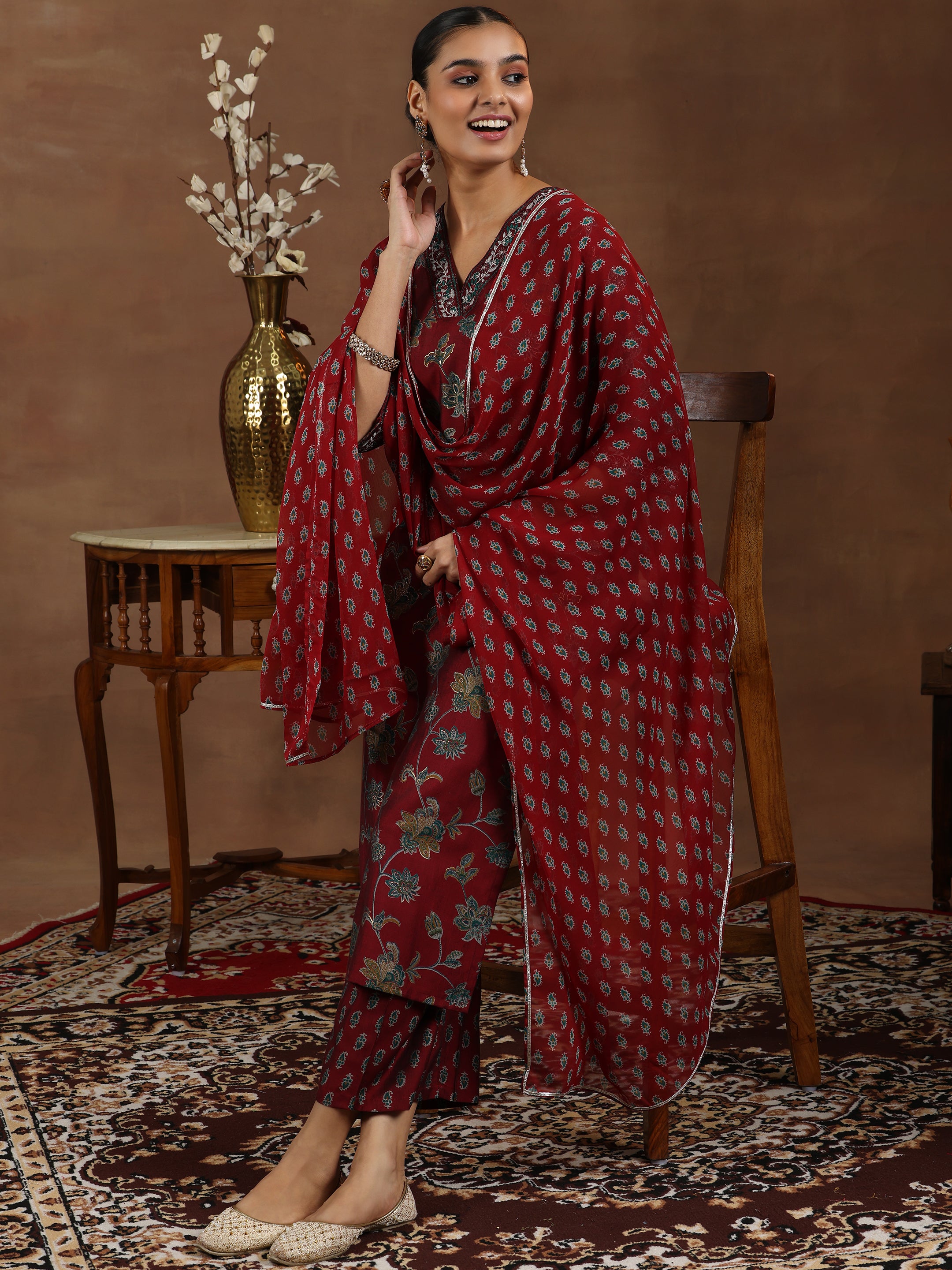 Maroon Printed Silk Blend Straight Suit With Dupatta