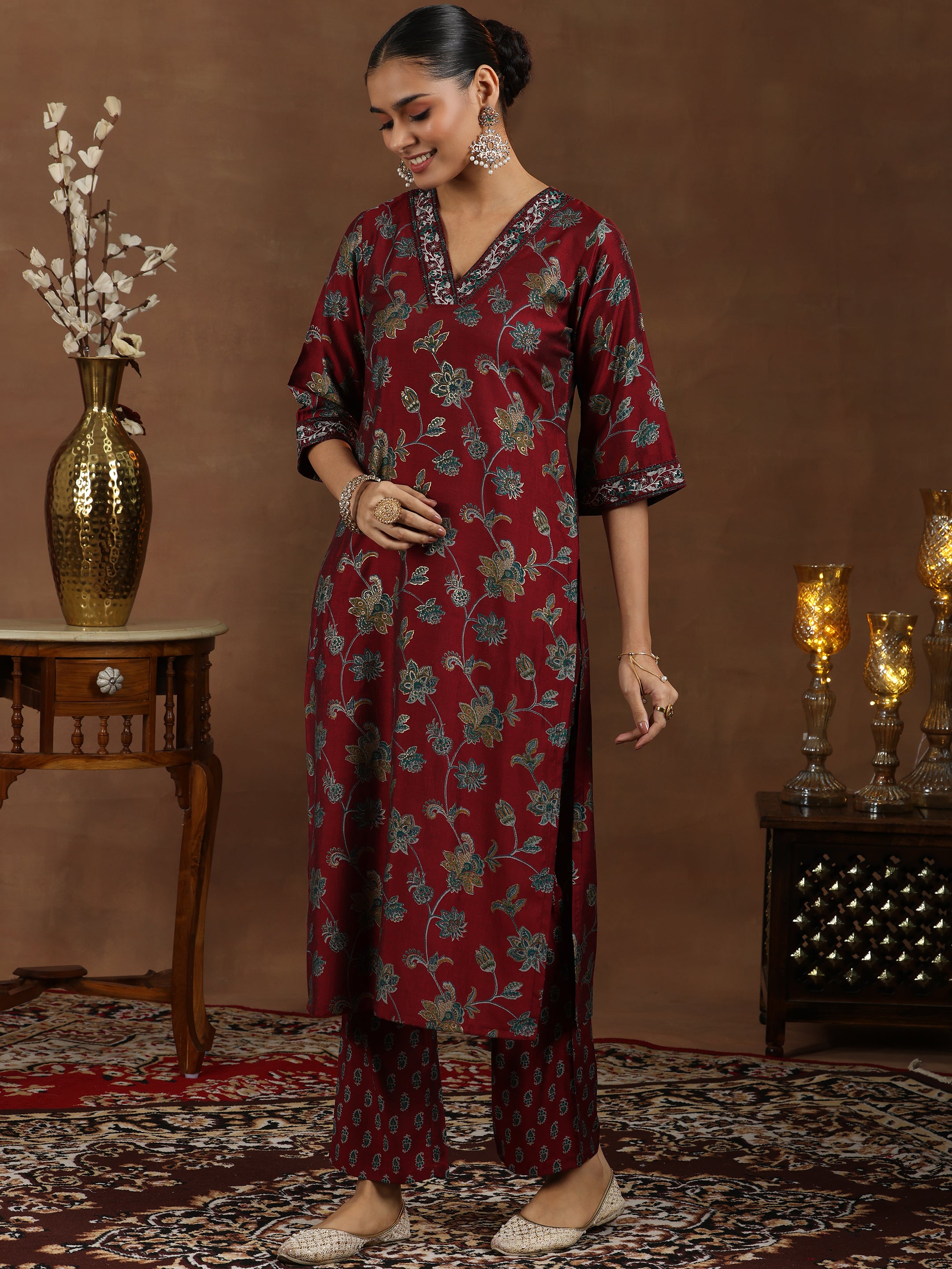 Maroon Printed Silk Blend Straight Suit With Dupatta