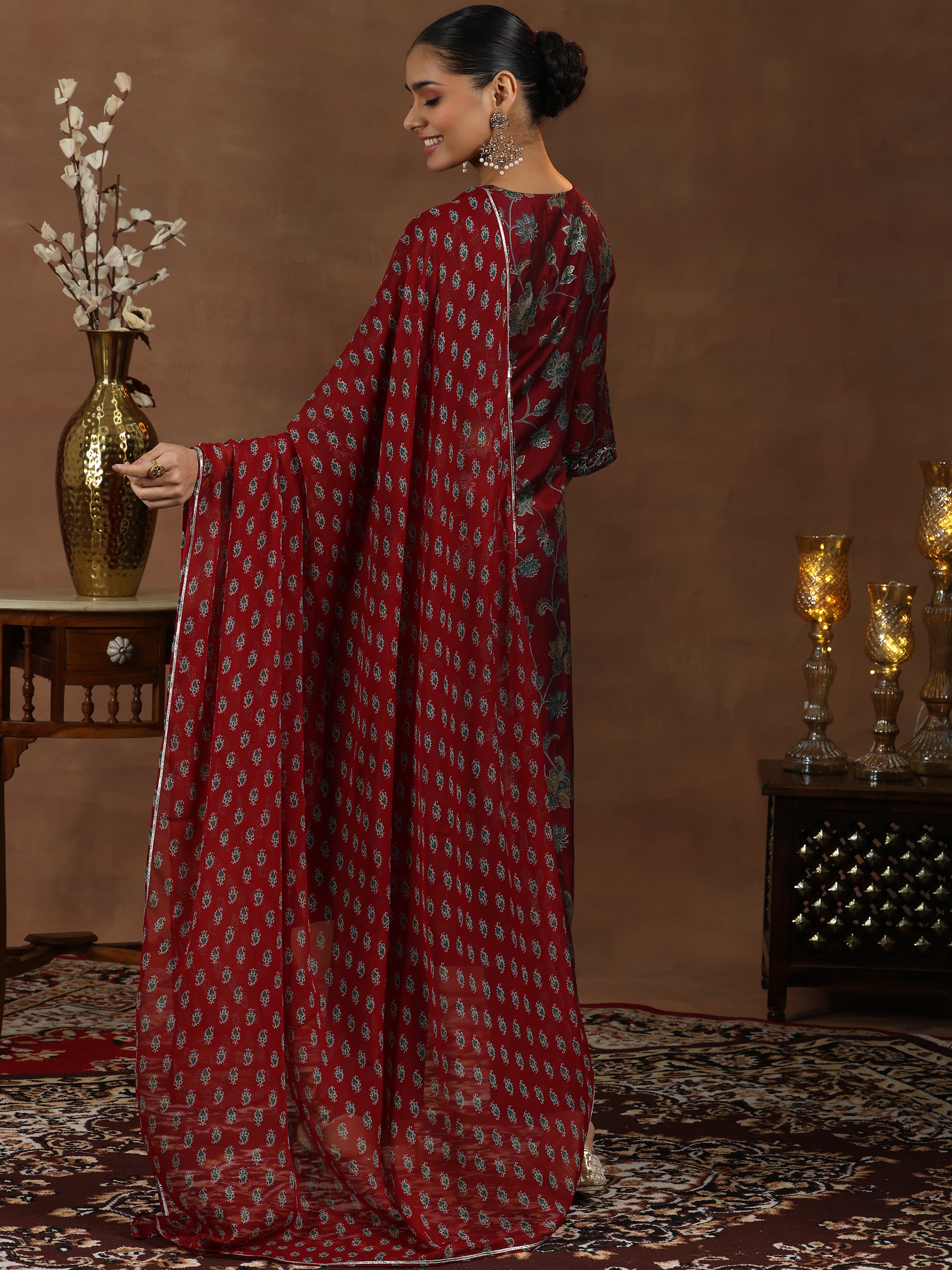 Maroon Printed Silk Blend Straight Suit With Dupatta