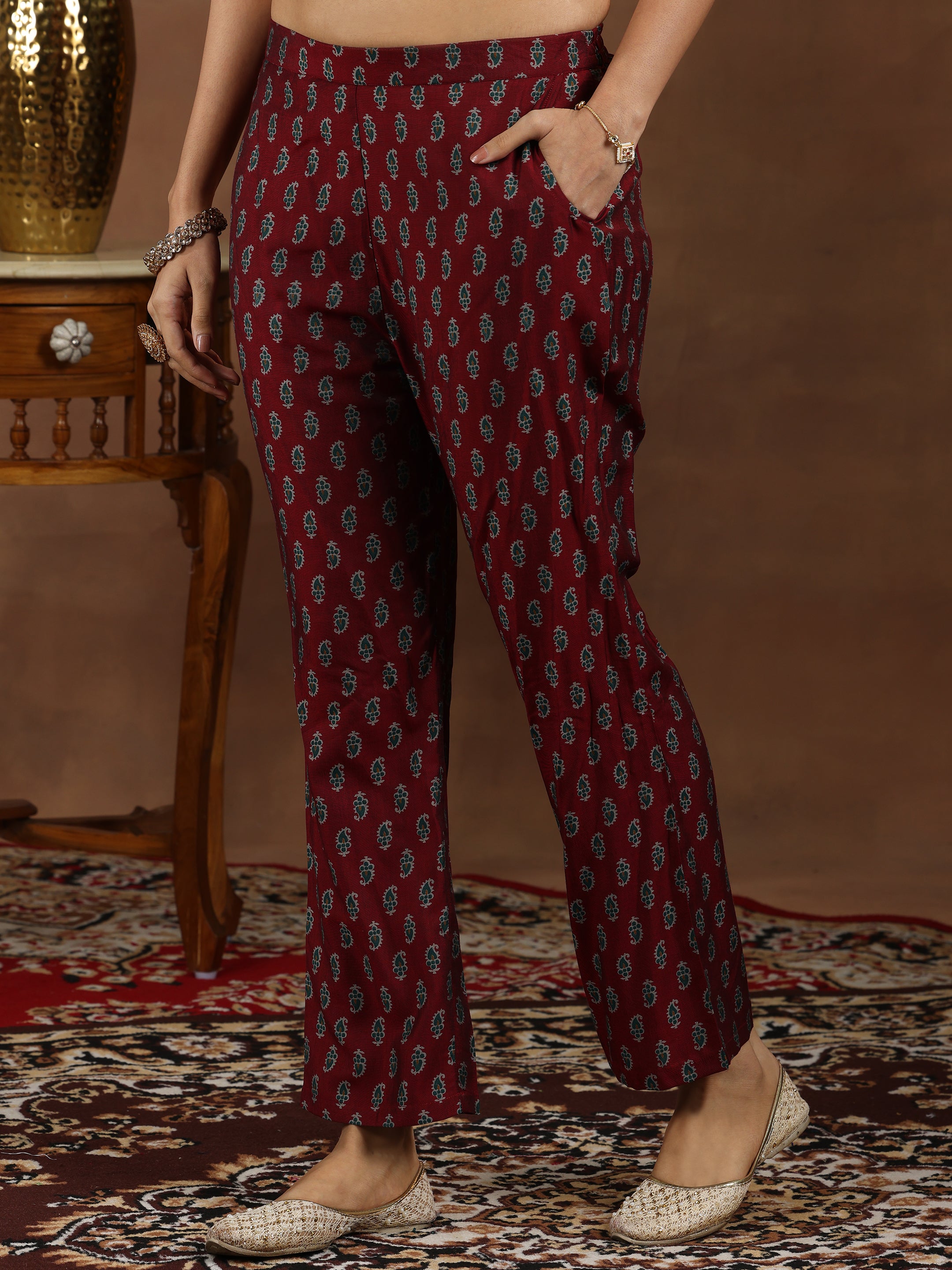 Maroon Printed Silk Blend Straight Suit With Dupatta