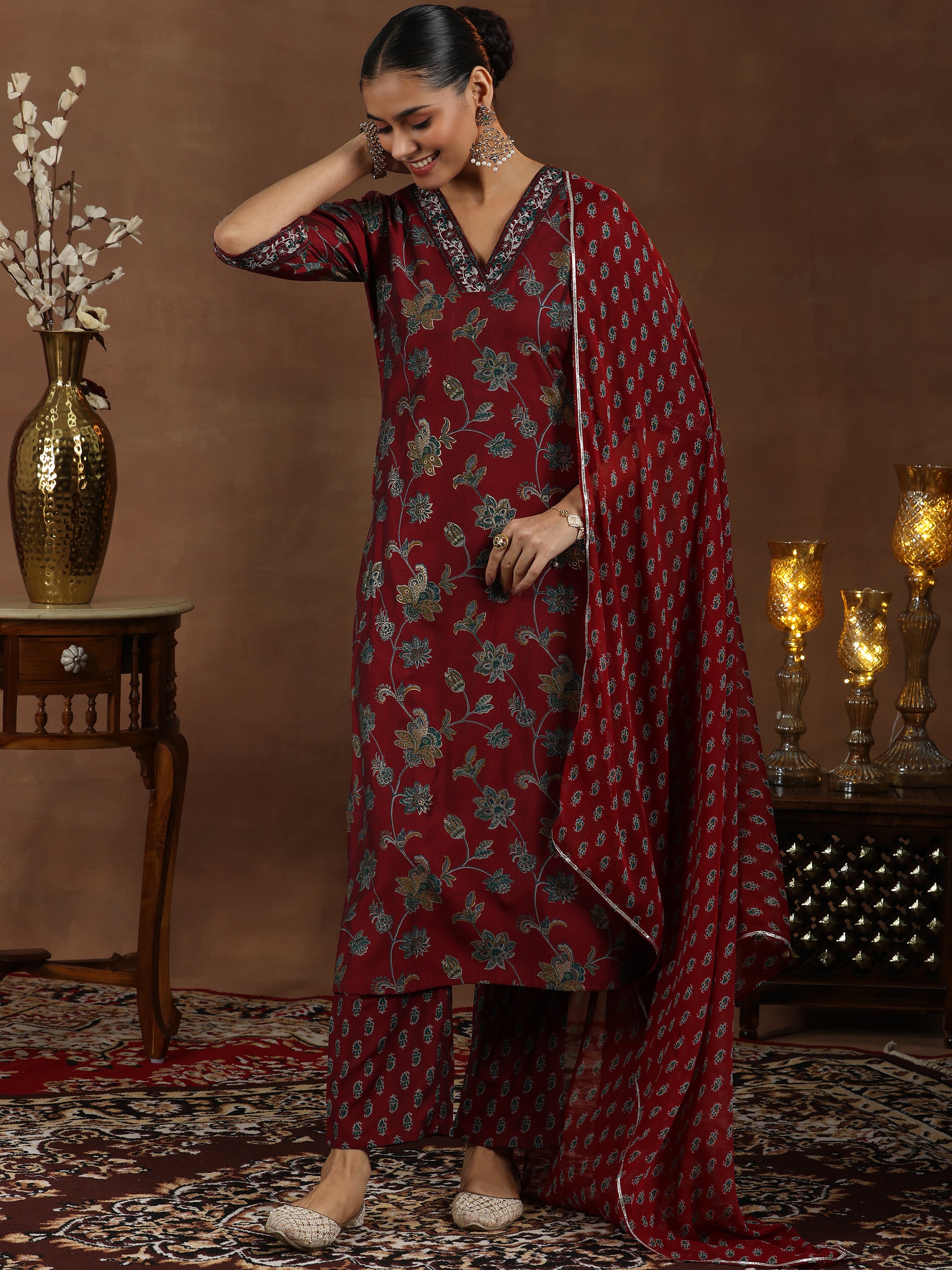 Maroon Printed Silk Blend Straight Suit With Dupatta