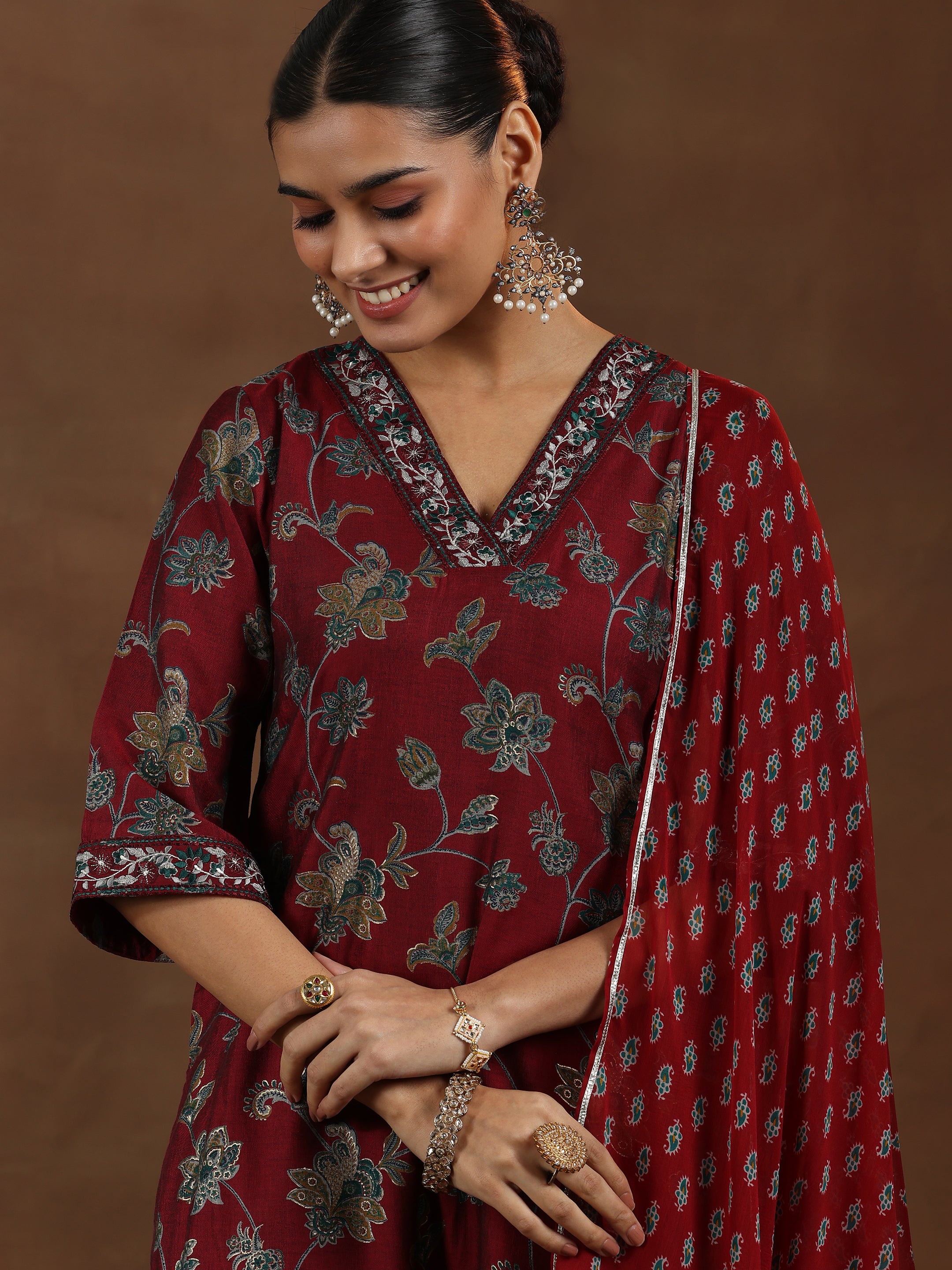 Maroon Printed Silk Blend Straight Suit With Dupatta