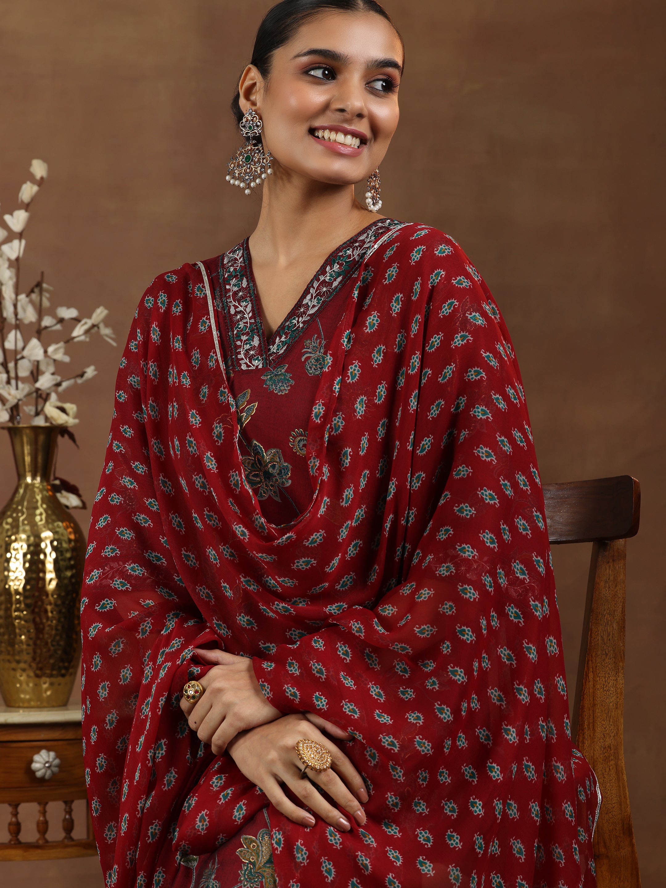 Maroon Printed Silk Blend Straight Suit With Dupatta