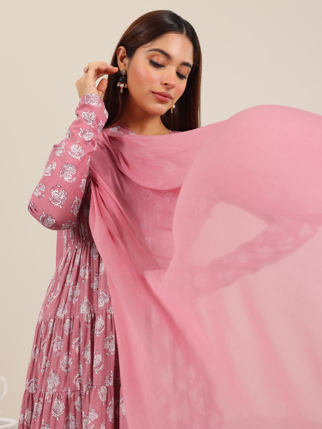 Mauve Printed Cotton Anarkali Suit Set With Dupatta