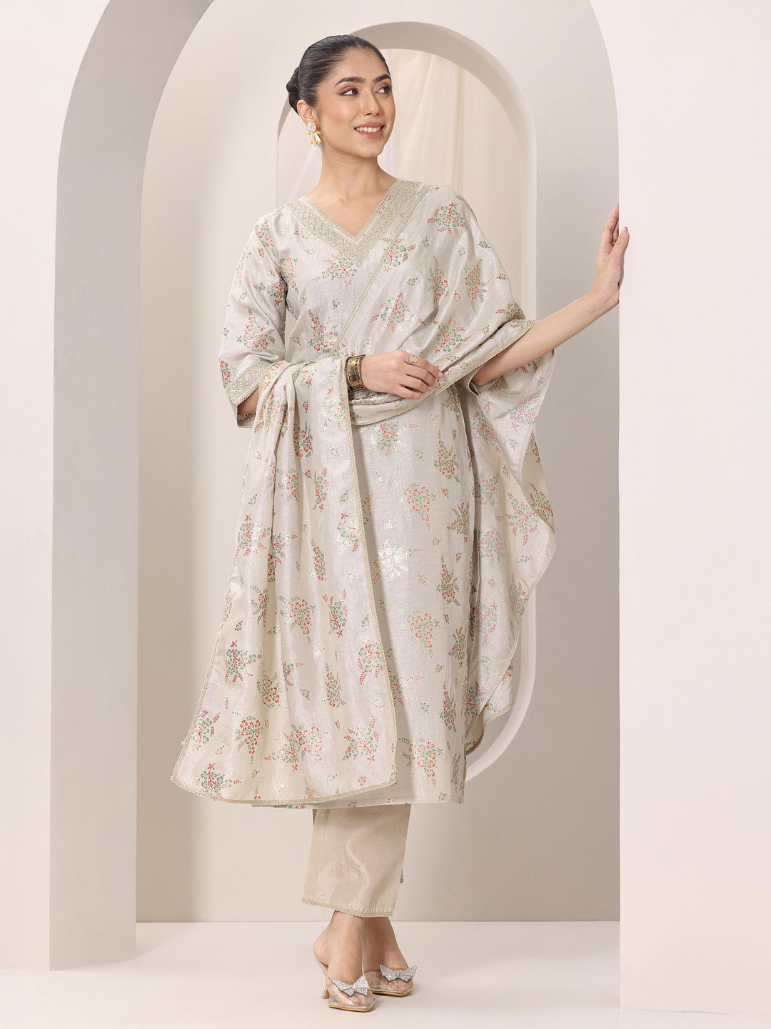 Grey Woven Design Silk Blend Straight Suit Set With Dupatta