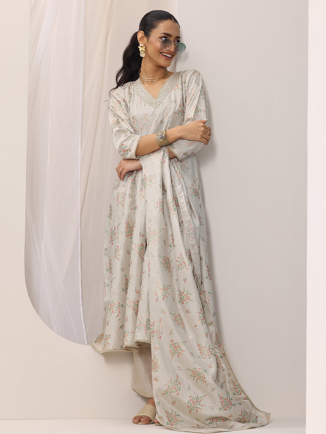 Grey Woven Design Silk Blend Straight Suit Set With Dupatta