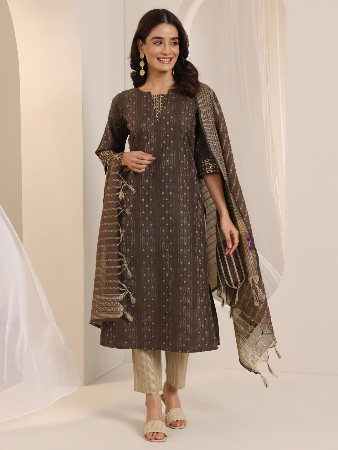 Brown Woven Design Cotton Blend Straight Suit Set With Dupatta