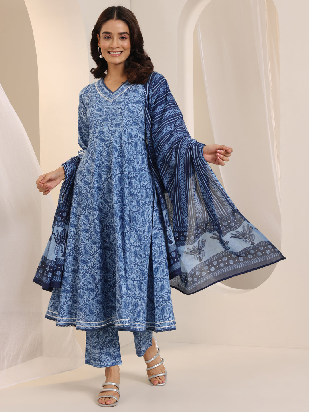 Blue Floral Printed Cotton Anarkali Suit Set With Dupatta