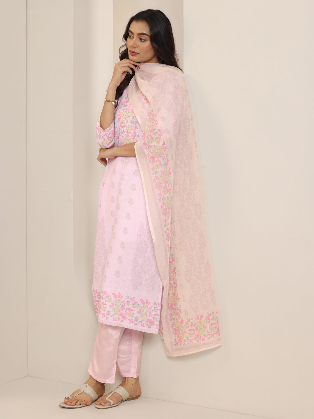 Off White Printed Cotton Blend Straight Suit Set With Dupatta