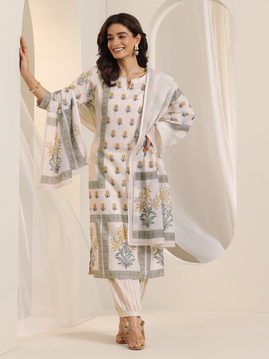 Off White Printed Cotton Blend Straight Suit Set With Dupatta