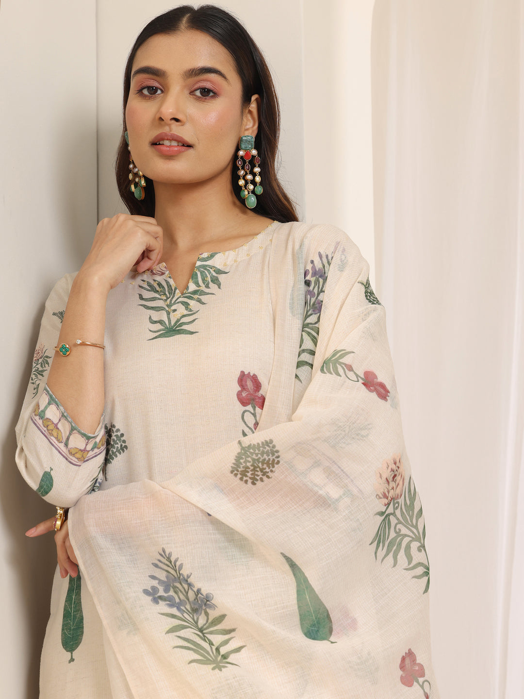 Off White Printed Cotton Blend Straight Suit Set With Dupatta