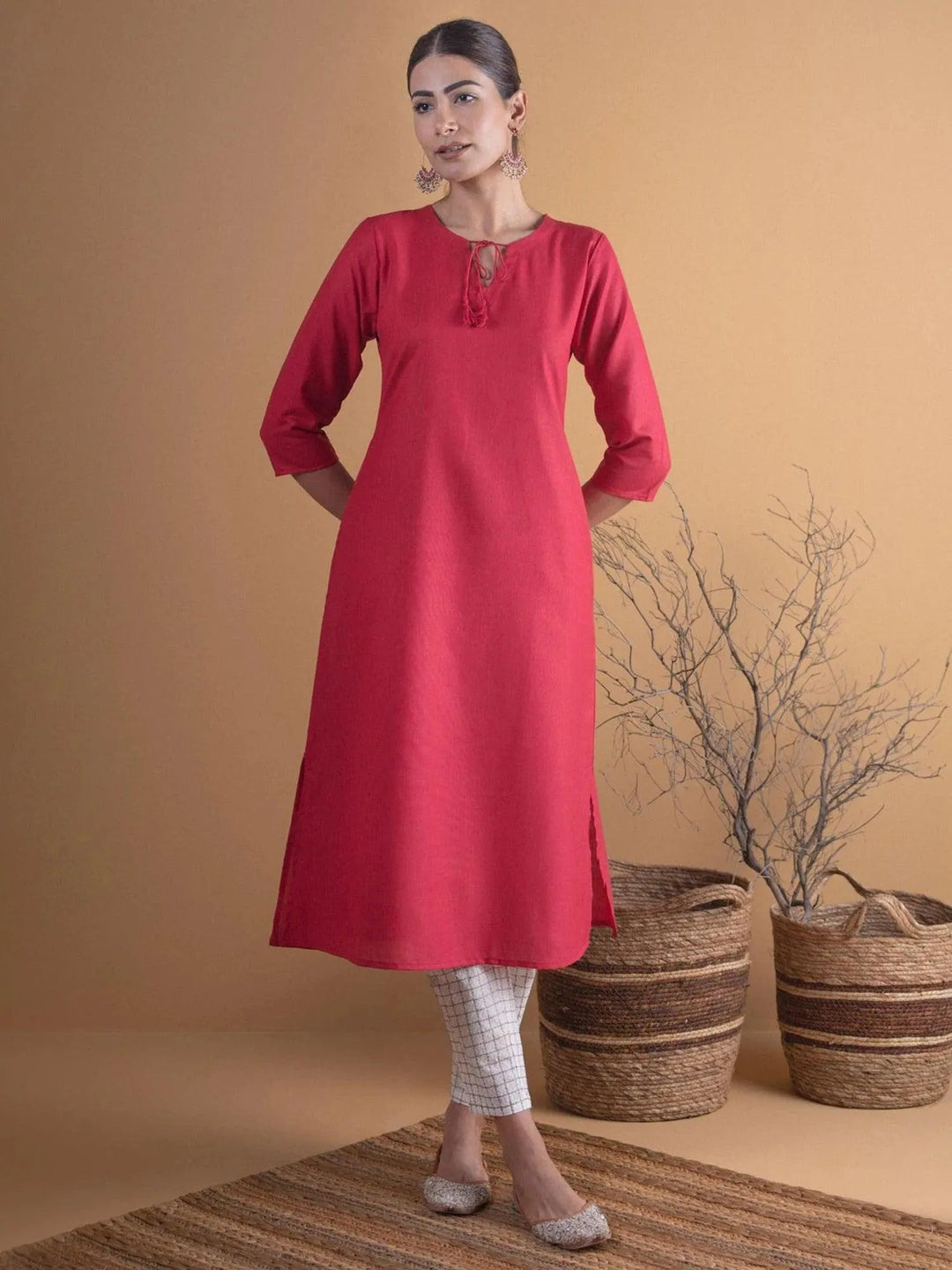 Maroon Solid Cotton Kurta - ShopLibas