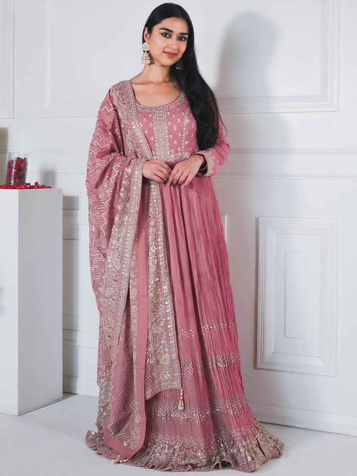 Libas Art Pink Embroidered Georgette A-Line Kurta With Trousers & Dupatta - ShopLibas