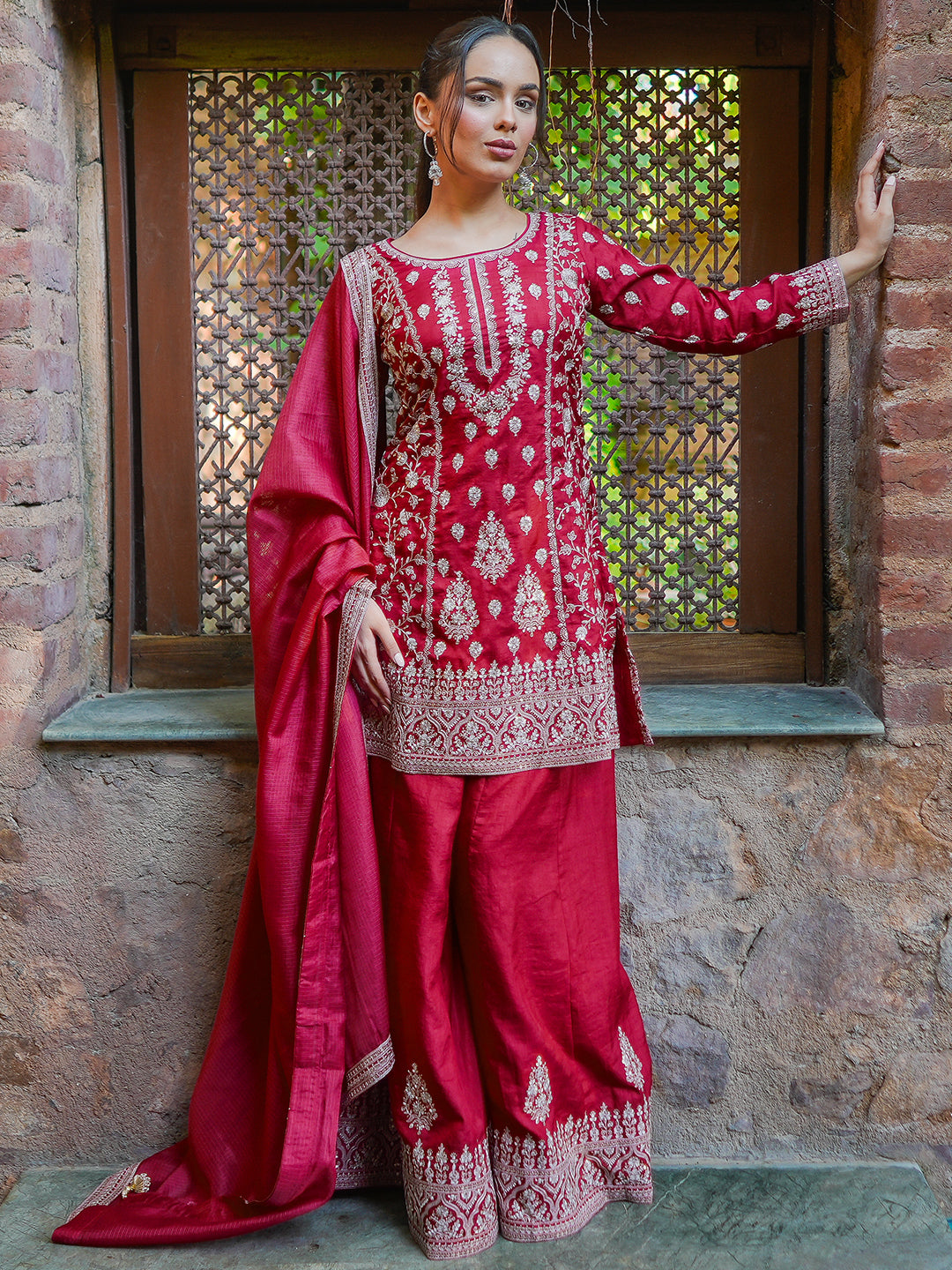 Libas Art Pink Embroidered Silk Straight Suit With Dupatta