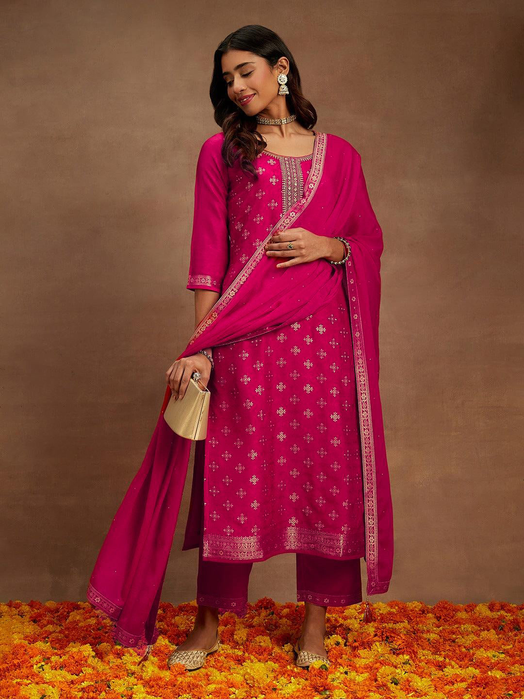 Pink Printed Silk Blend Straight Suit With Dupatta