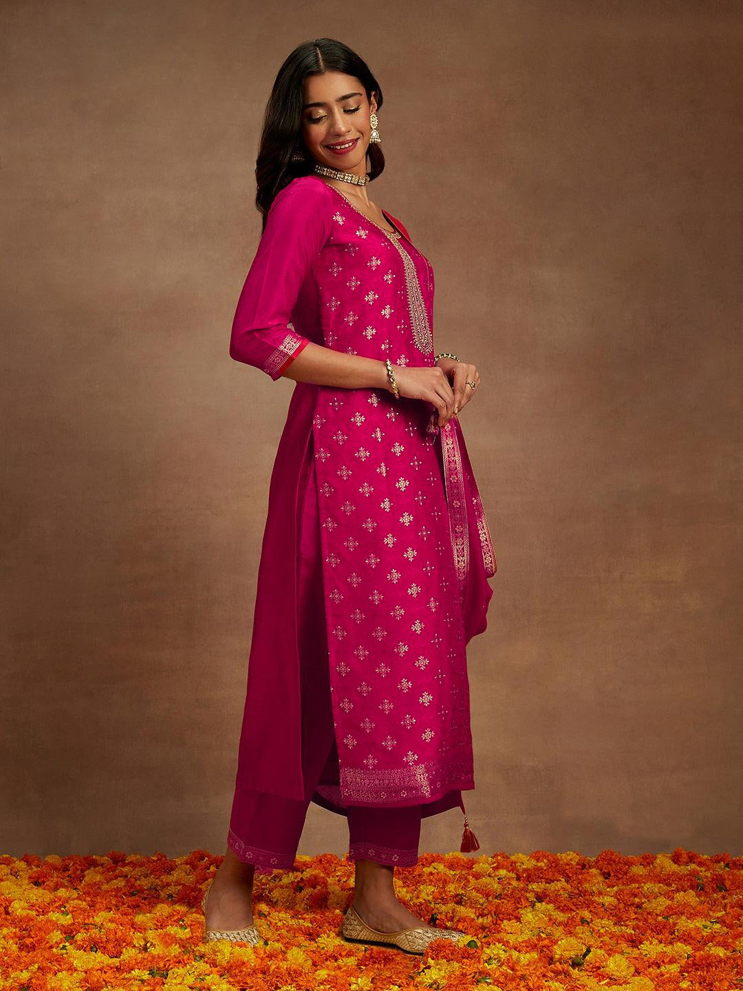 Pink Printed Silk Blend Straight Suit With Dupatta