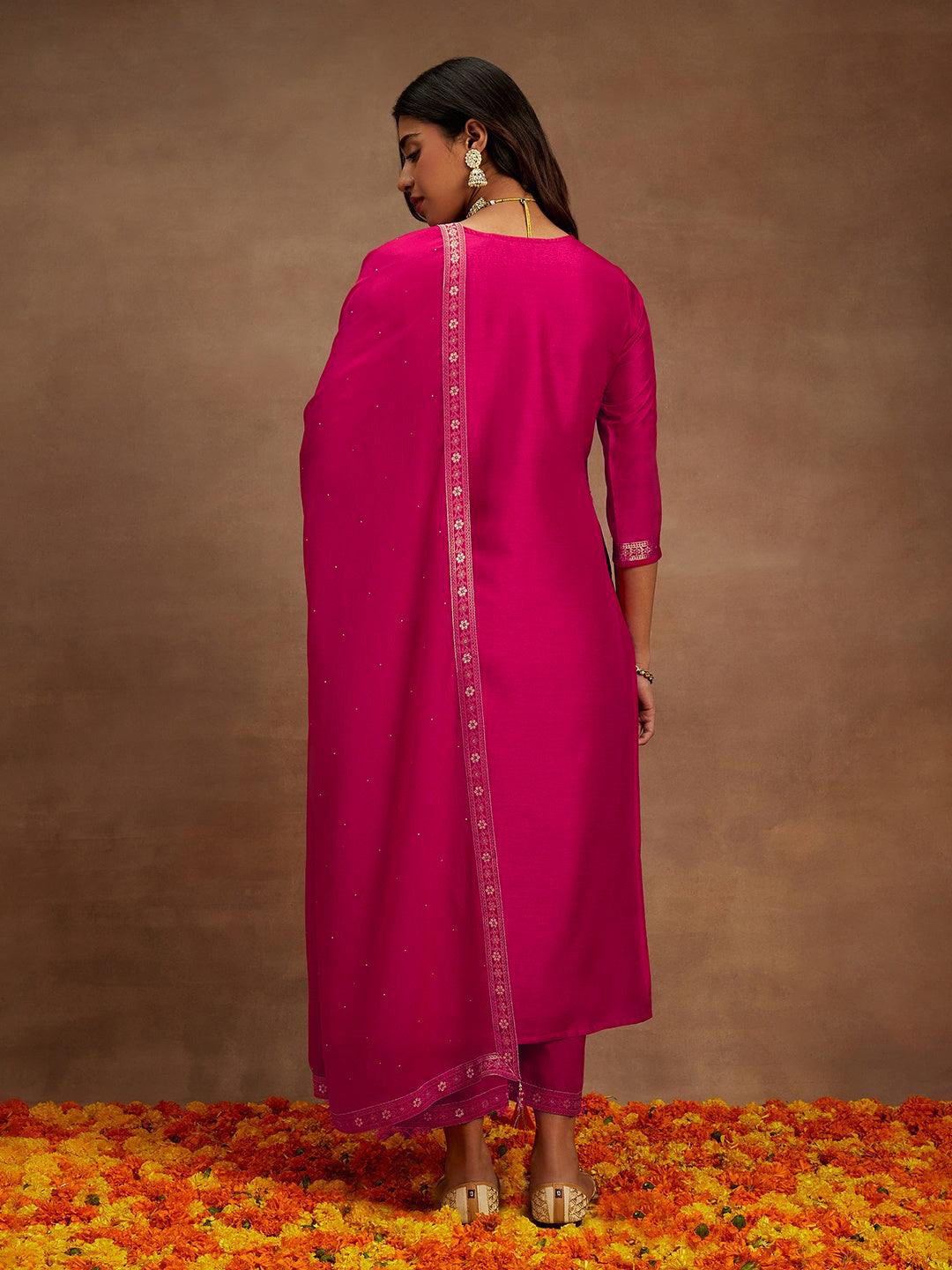 Pink Printed Silk Blend Straight Suit With Dupatta