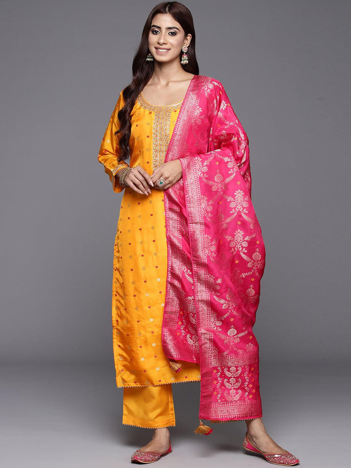 Mustard Woven Design Silk Straight Kurta With Trousers & Dupatta - ShopLibas