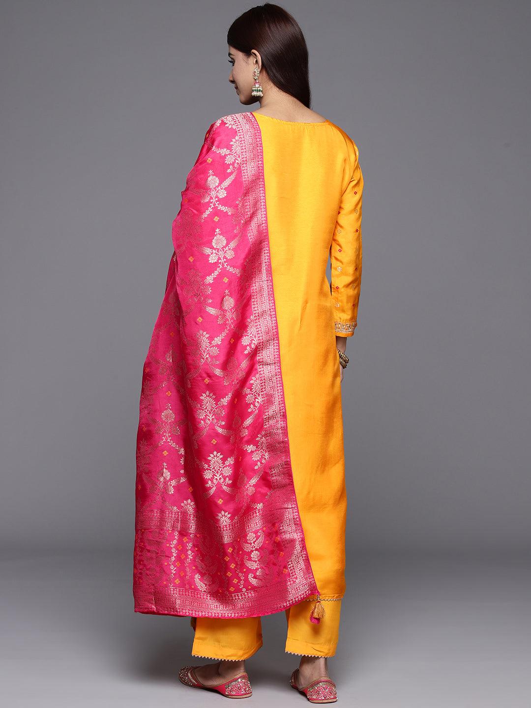 Mustard Woven Design Silk Straight Suit With Dupatta