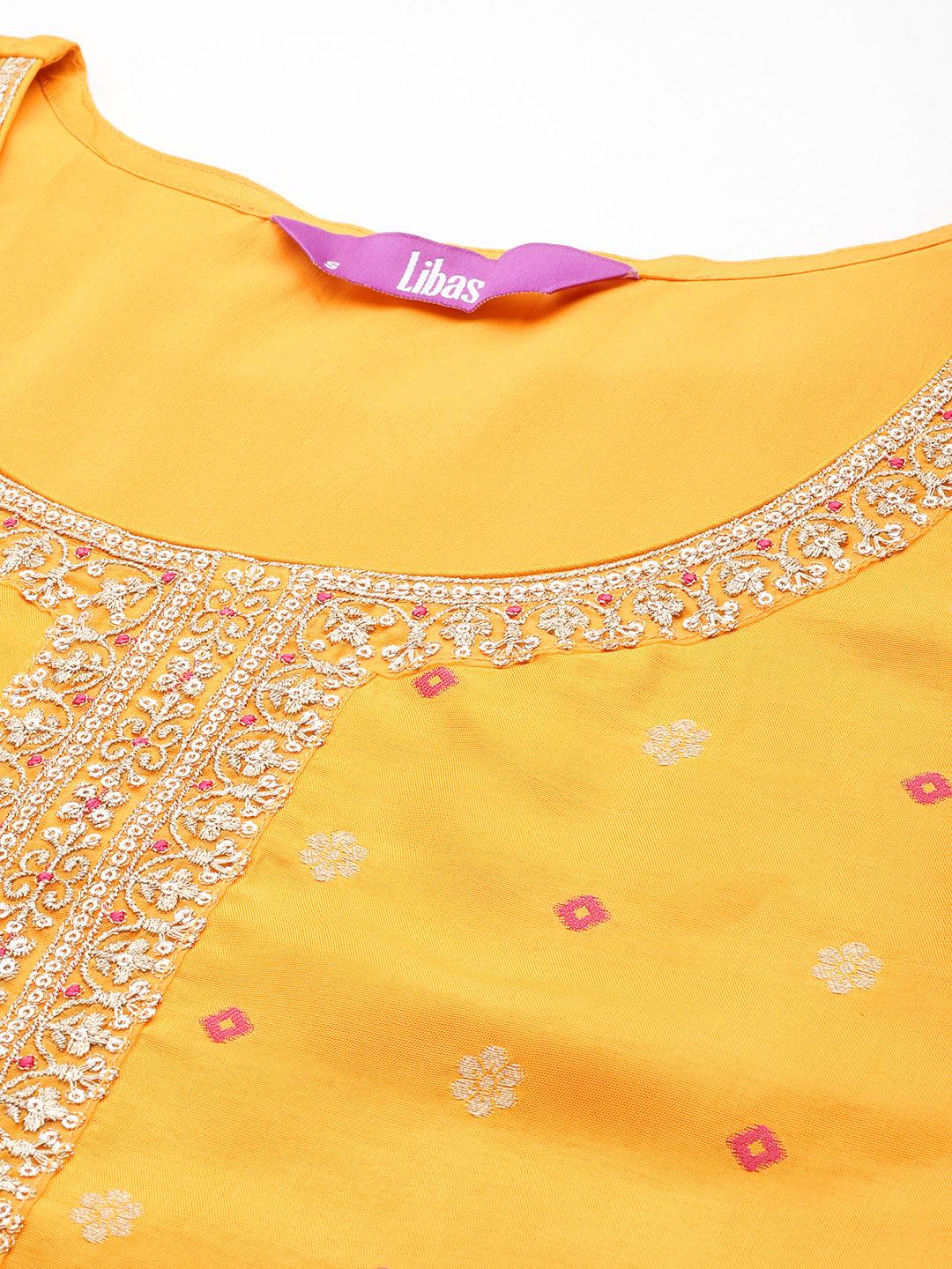 Mustard Woven Design Silk Straight Suit With Dupatta