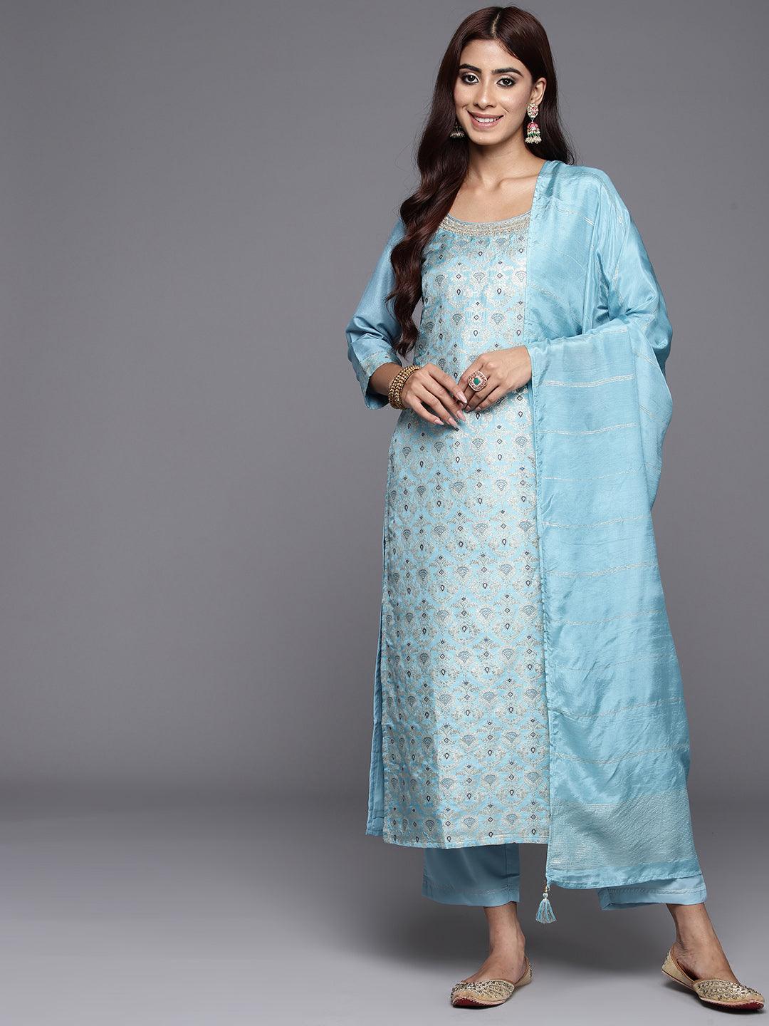 Blue Woven Design Silk Blend Straight Suit With Dupatta