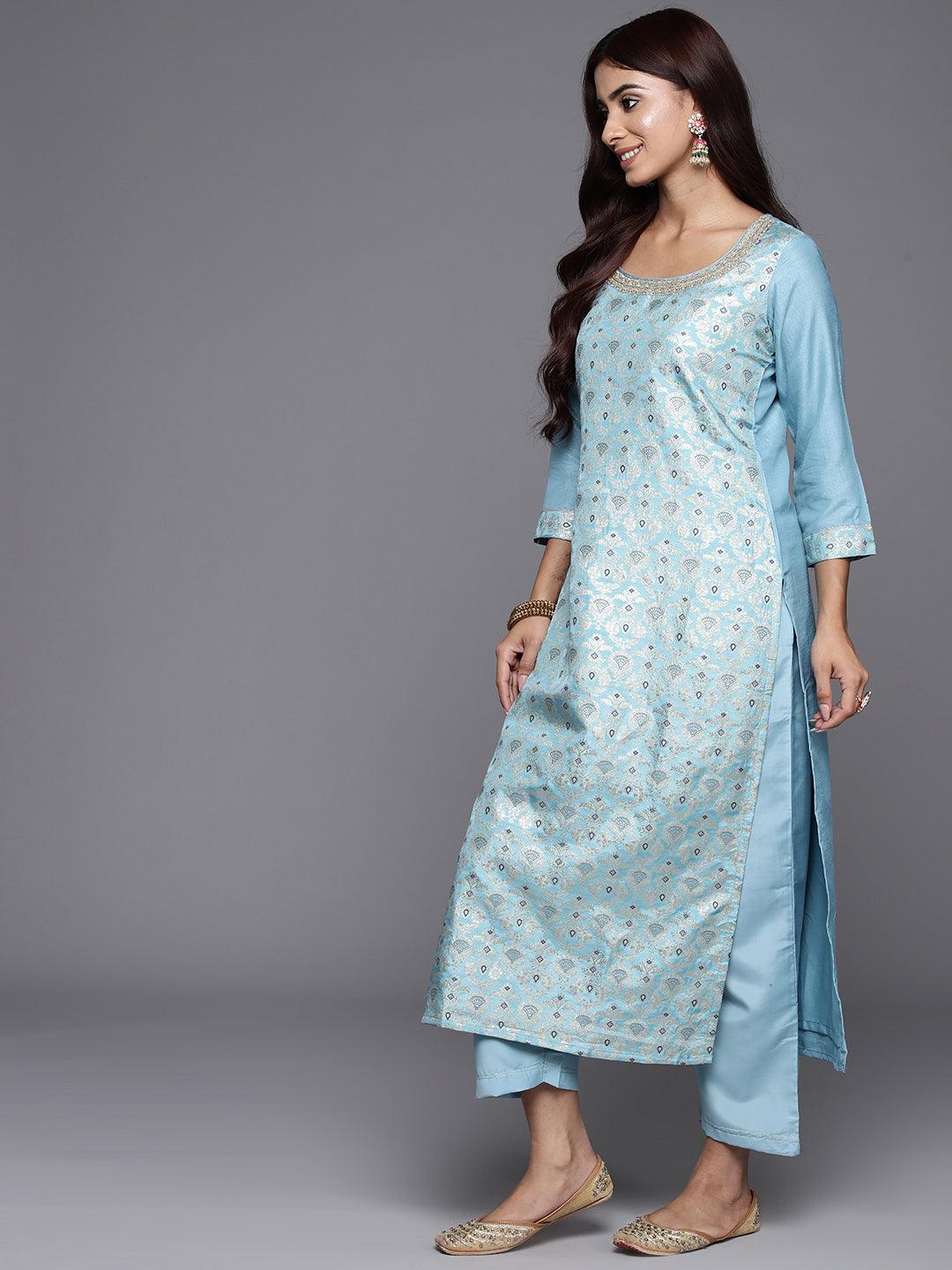 Blue Woven Design Silk Blend Straight Suit With Dupatta