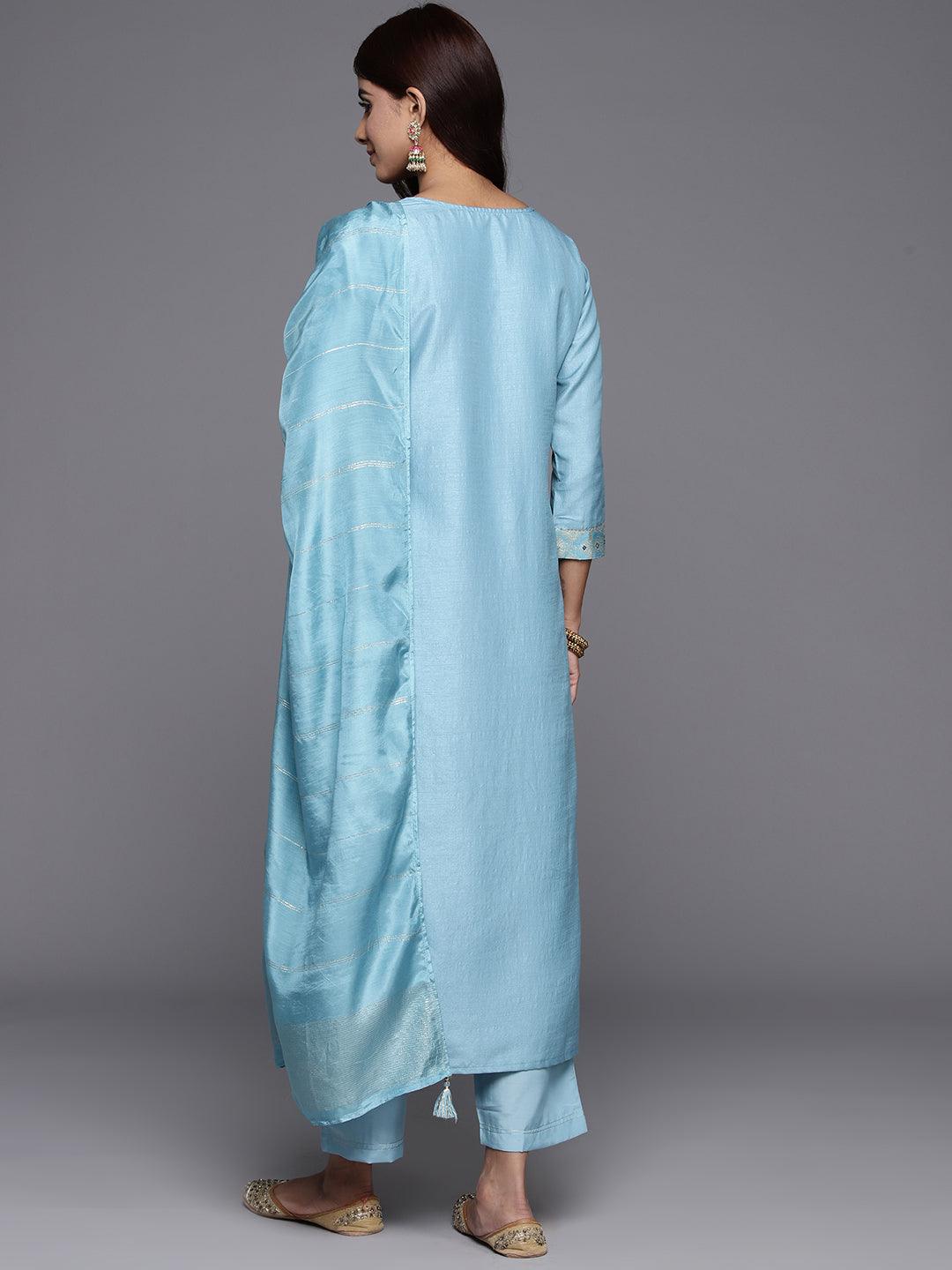 Blue Woven Design Silk Blend Straight Suit With Dupatta