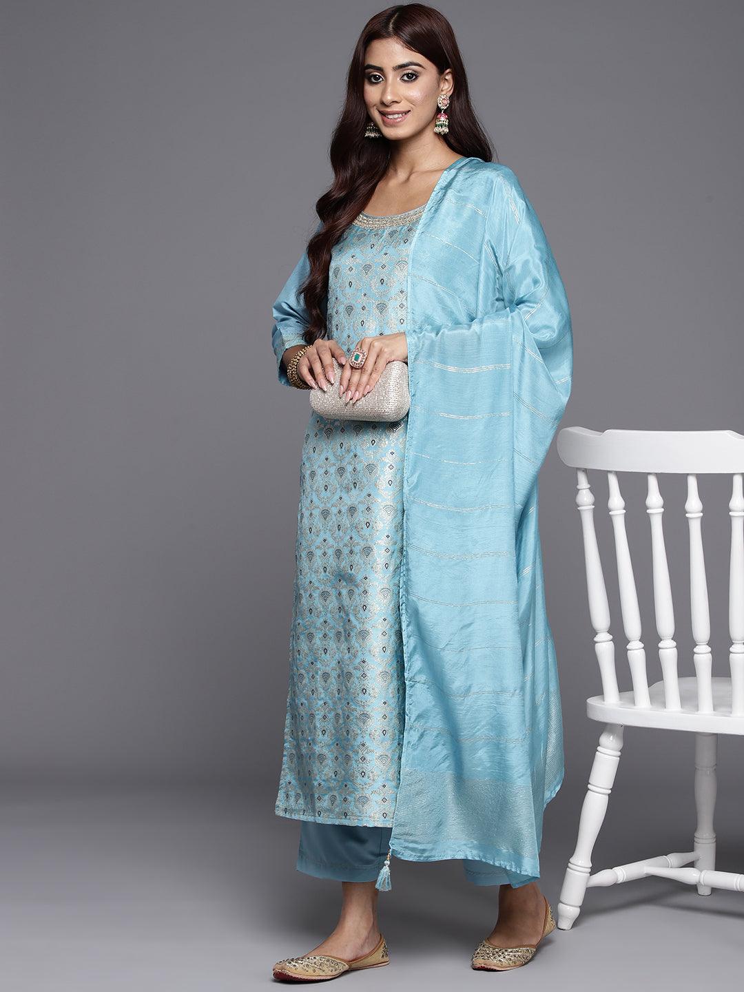 Blue Woven Design Silk Blend Straight Kurta With Trousers & Dupatta - ShopLibas