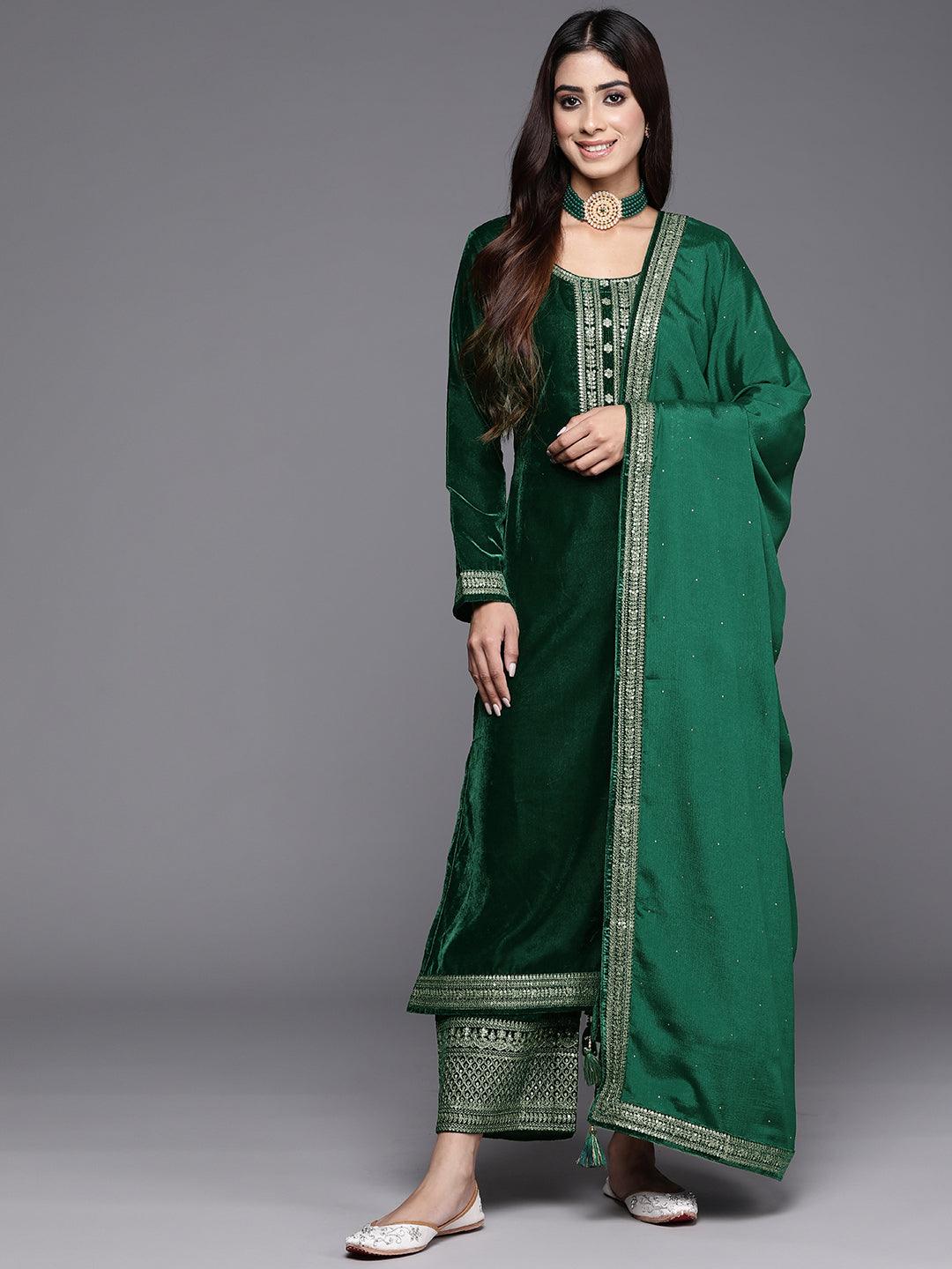 Bottle Green Yoke Design Velvet Straight Kurta With Palazzos & Dupatta - ShopLibas