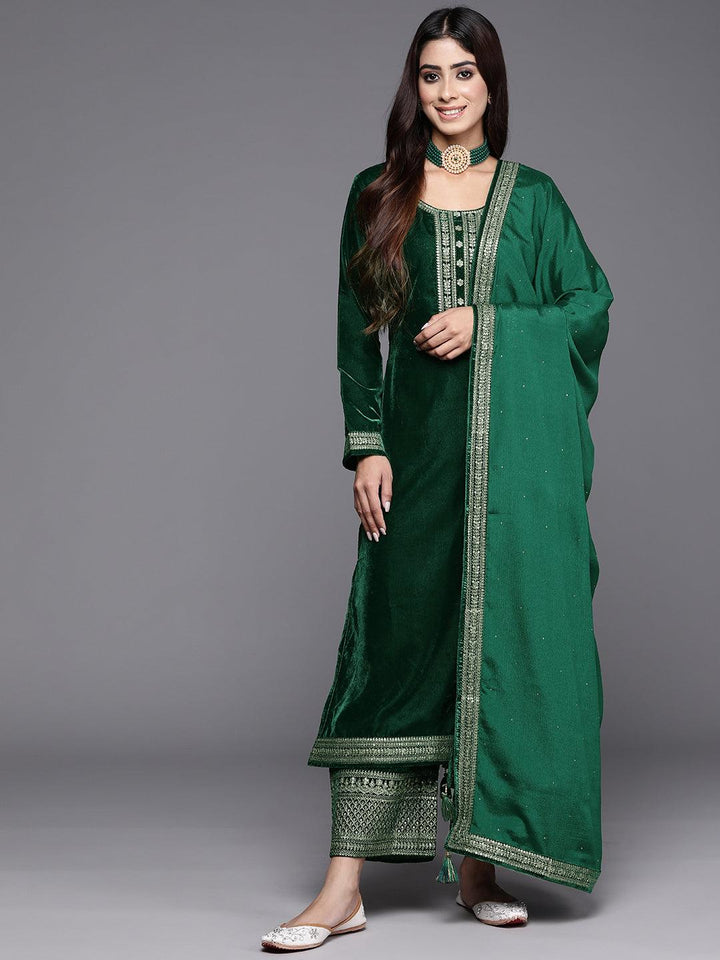 Bottle Green Yoke Design Velvet Straight Kurta With Palazzos & Dupatta - ShopLibas