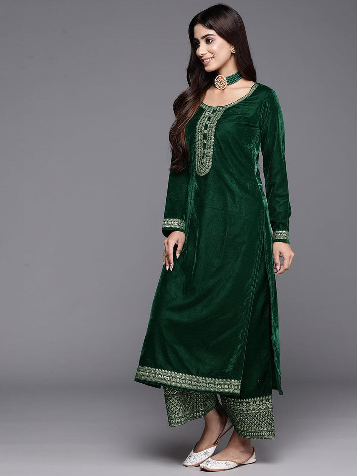 Bottle Green Yoke Design Velvet Straight Kurta With Palazzos & Dupatta - ShopLibas