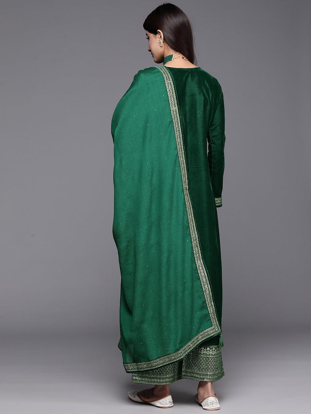 Bottle Green Yoke Design Velvet Straight Kurta With Palazzos & Dupatta - ShopLibas