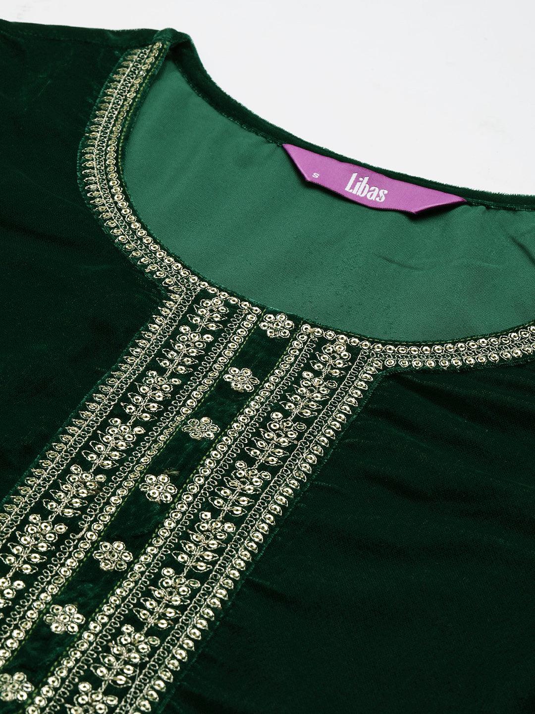 Bottle Green Yoke Design Velvet Straight Kurta With Palazzos & Dupatta - ShopLibas