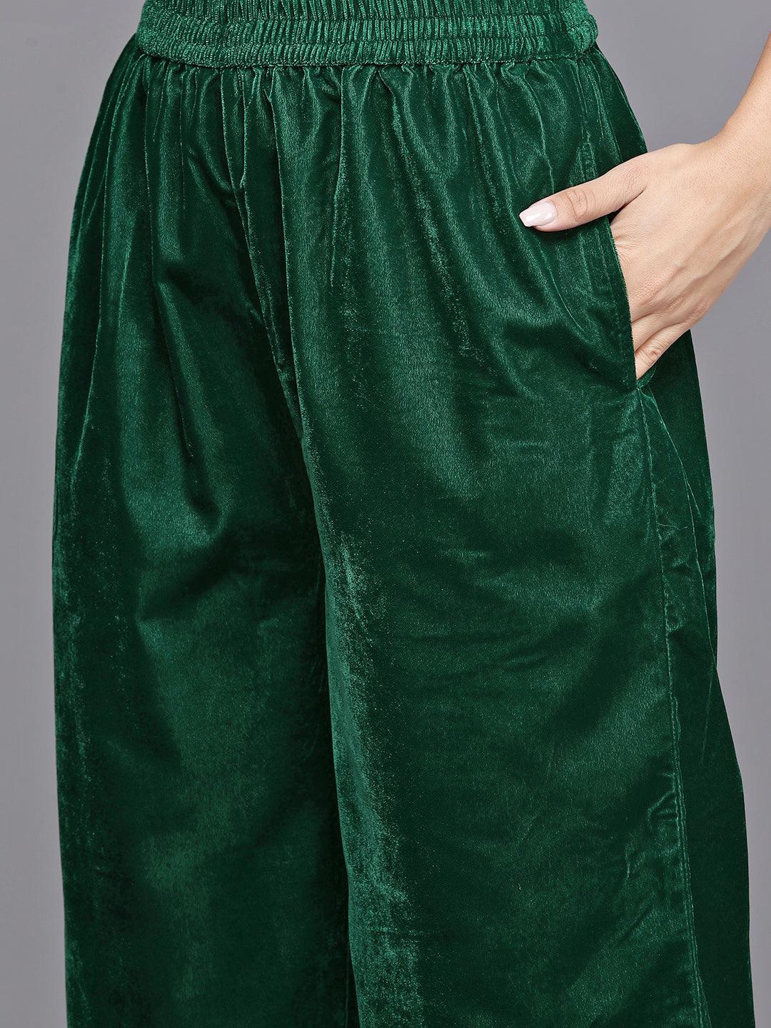 Bottle Green Yoke Design Velvet Straight Kurta With Palazzos & Dupatta - ShopLibas