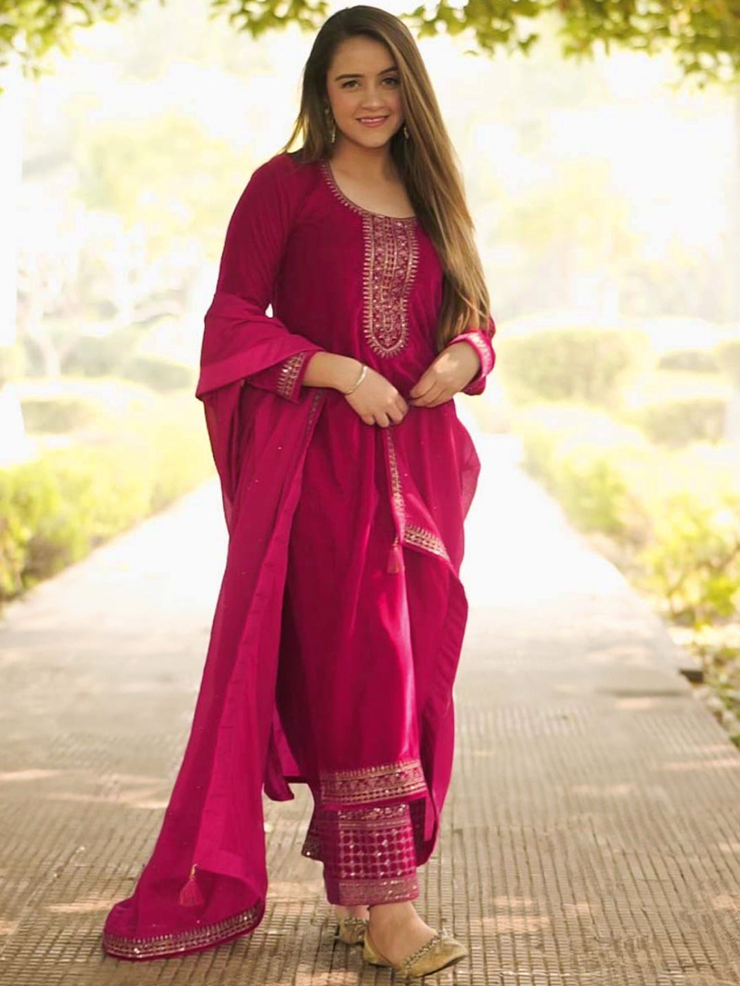 Pink Yoke Design Velvet Straight Suit With Dupatta