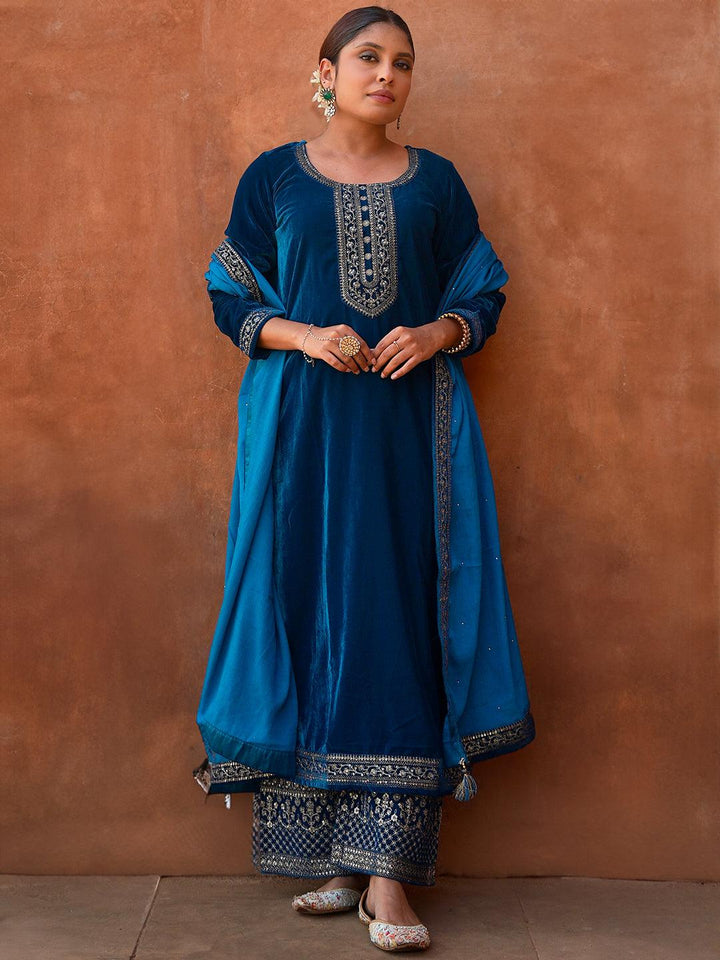 Teal Blue Yoke Design Velvet Straight Kurta With Palazzos & Dupatta - ShopLibas