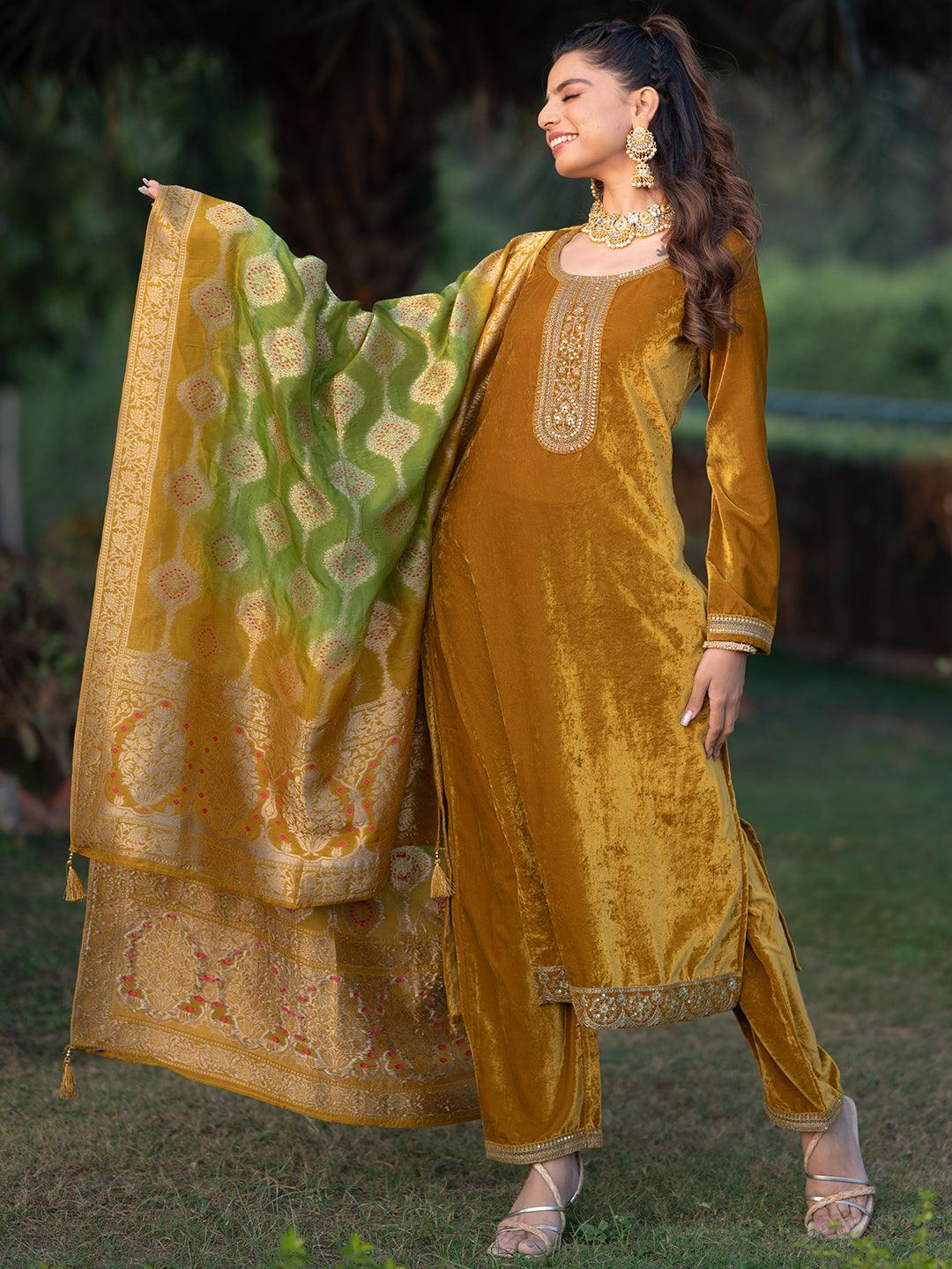 Mustard Yoke Design Velvet Straight Suit With Dupatta